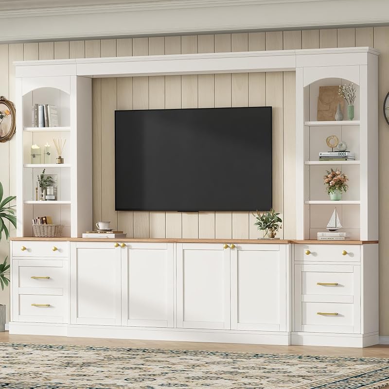 Farmhouse Arched Entertainment Center Wall Unit with Bookshelf, Retro Large TV Stand with Wood Grain for TVs Up to 70", 106inch Multi-Functional Media Console with Drawers for Living Room, White