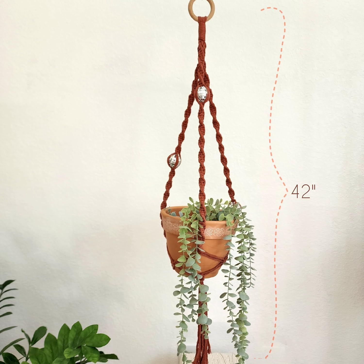 Handmade Macrame Disco Ball Plant Hanger, Retro Planter Holder for Home Décor, Boho Gift for Plant Moms, Cotton Plant Accessory that dazzles (Aqua Teal)