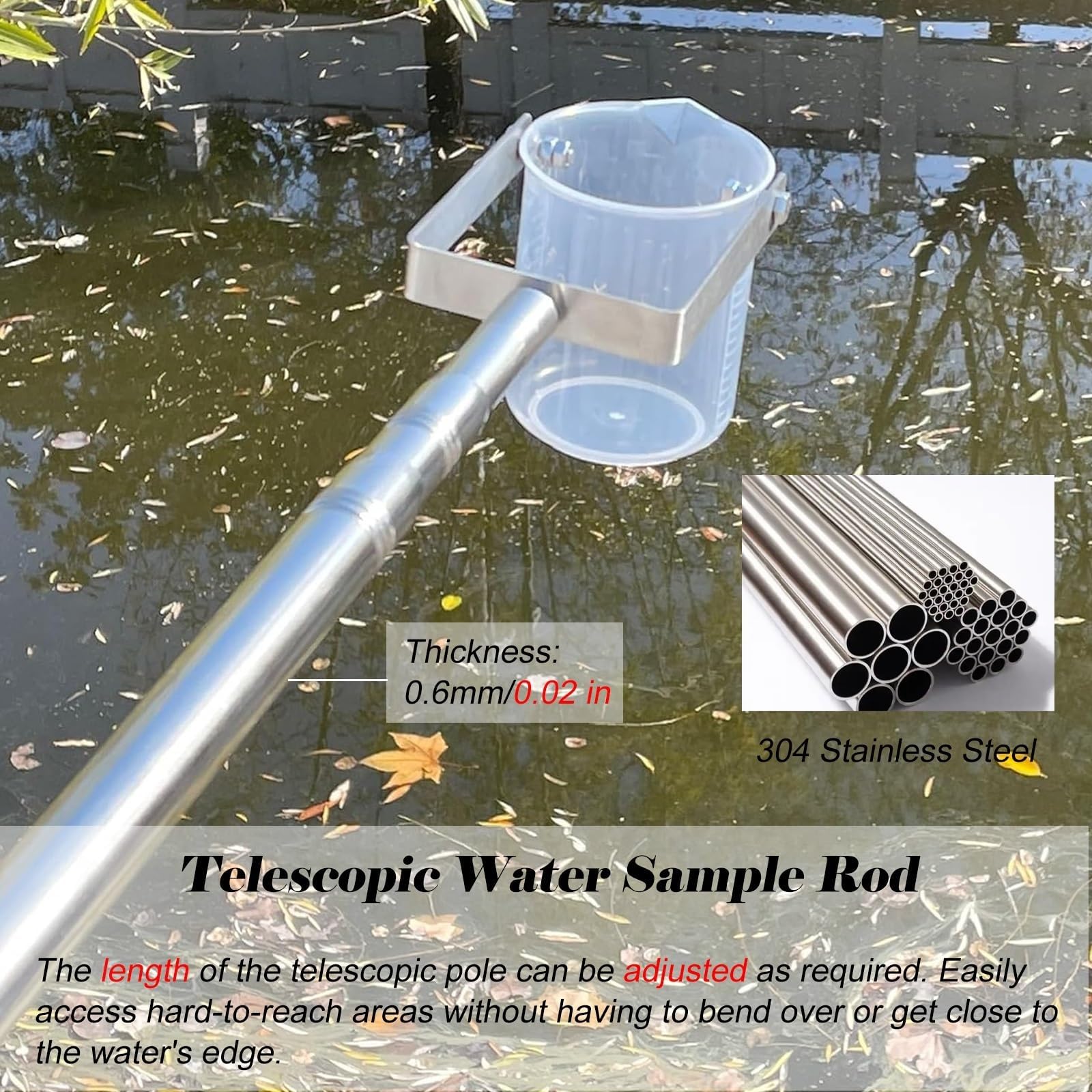 Genérico Pértiga telescópica extralarga para la Toma de muestras de Agua, Kit de muestreo de Agua de 61-150 cm con Vaso de precipitados Graduado de 1000 ml y Vasos para Lagos, Aguas residuales y anál