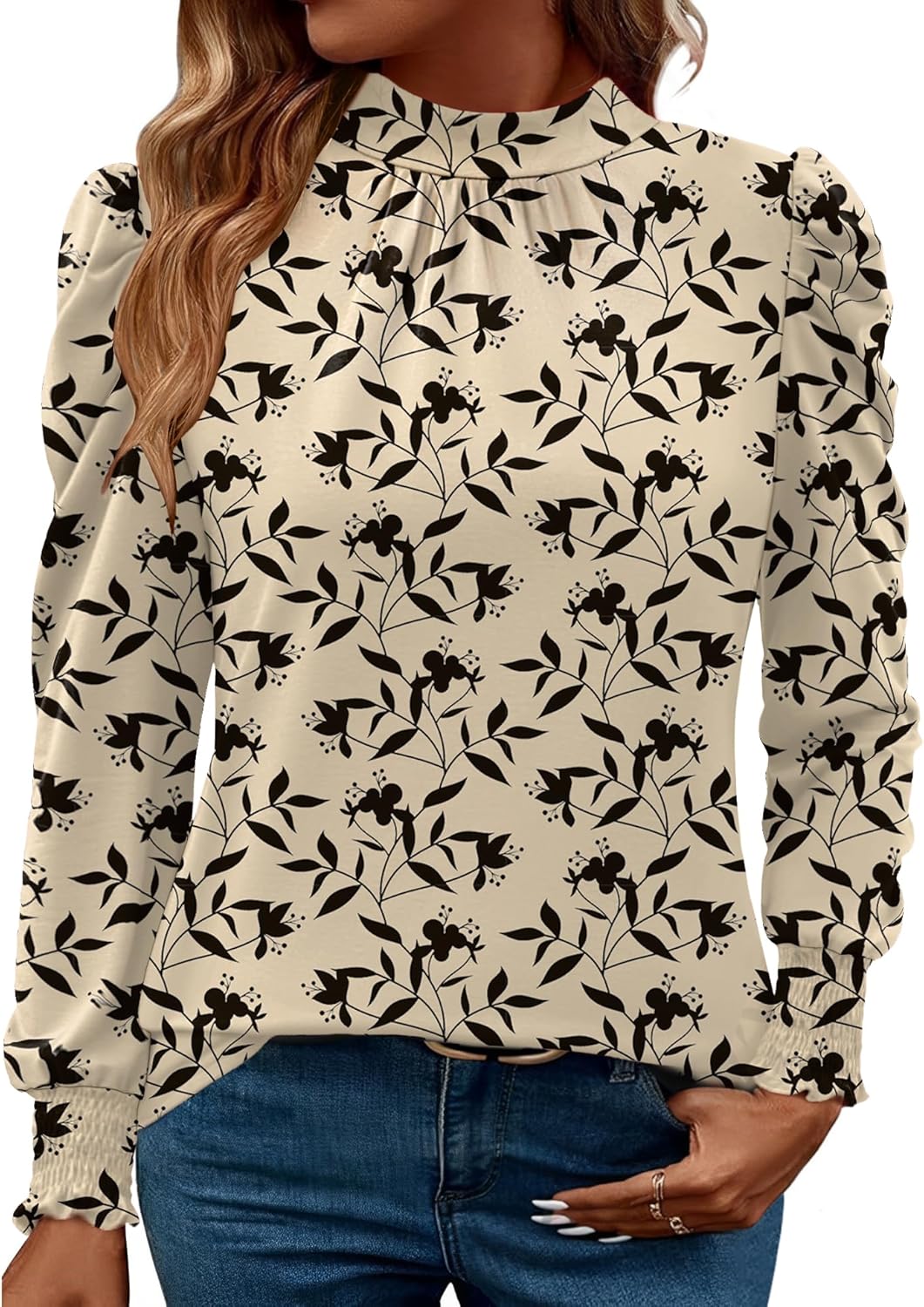 LUYAA Puff Long Sleeve Shirts for Women Tops Dressy Casual Frill Mock Neck Smocked Cuffs Blouses