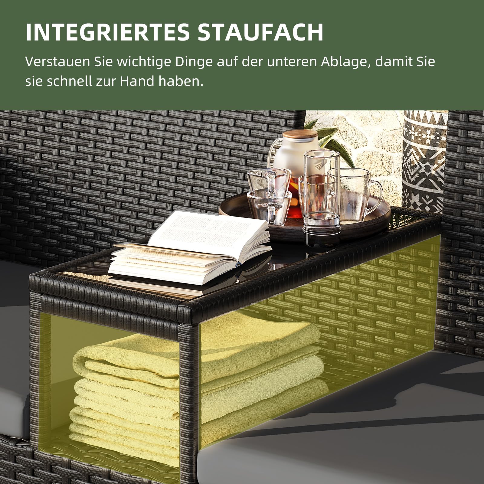 Aoxun Rattan-Gartenstuhl, 2-Sitzer-Loveseat, Terrassen-Sitzgarnitur mit Ablagetisch und wasserdichter Schutzhülle, platzsparende Sitzgelegenheit für kleine Gärten, Balkone und Terrassen (Dunkelgrau)