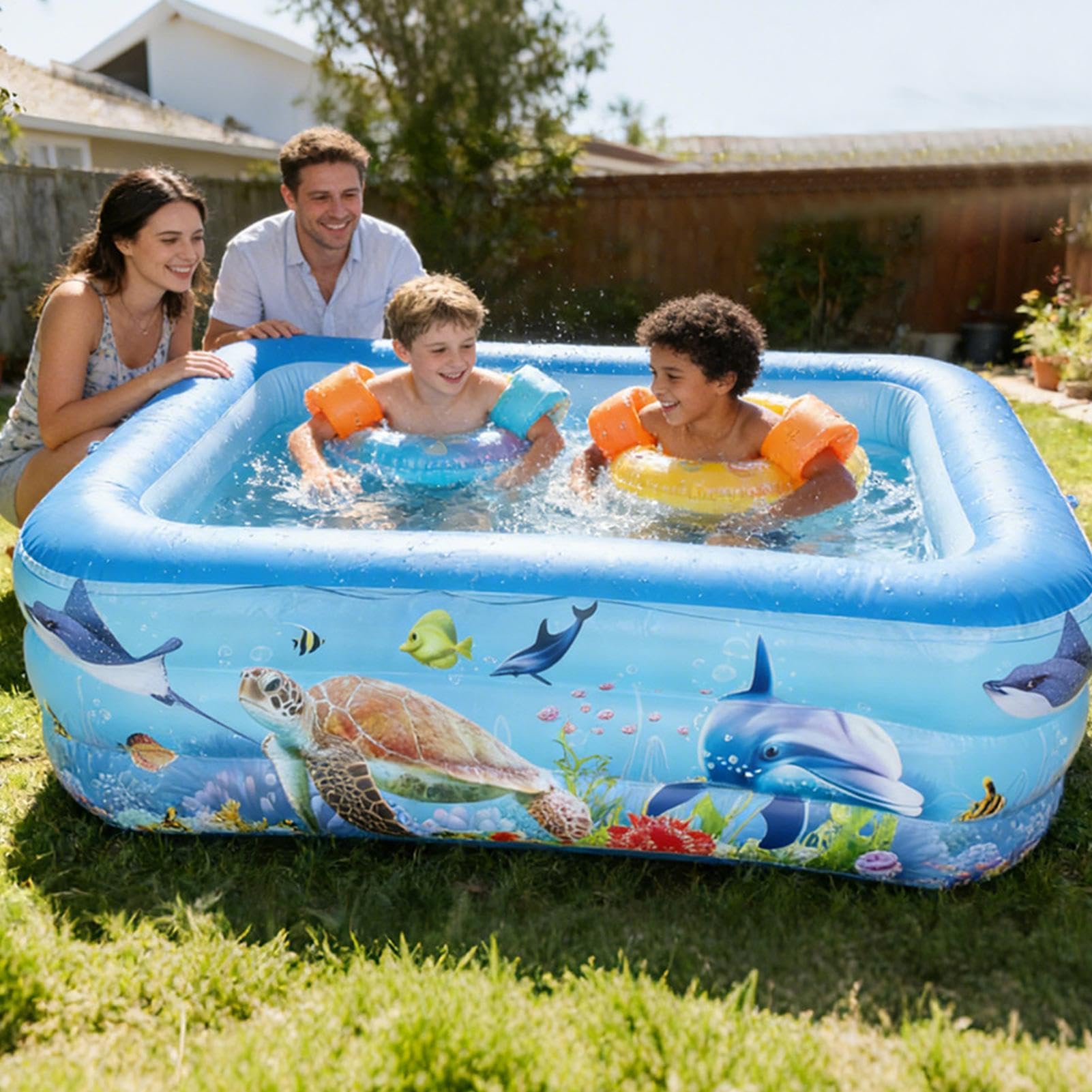 Aufblasbecken, Mit Verstärkten Nähten, 140 X 90 X 45 Cm, Rechteckiges Tragbares Aufblasbares Schwimmbecken Für Kinder, Wasserspielbecken In Familiengröße, Bequemer Transport, Für Den Garten Im Hinterh
