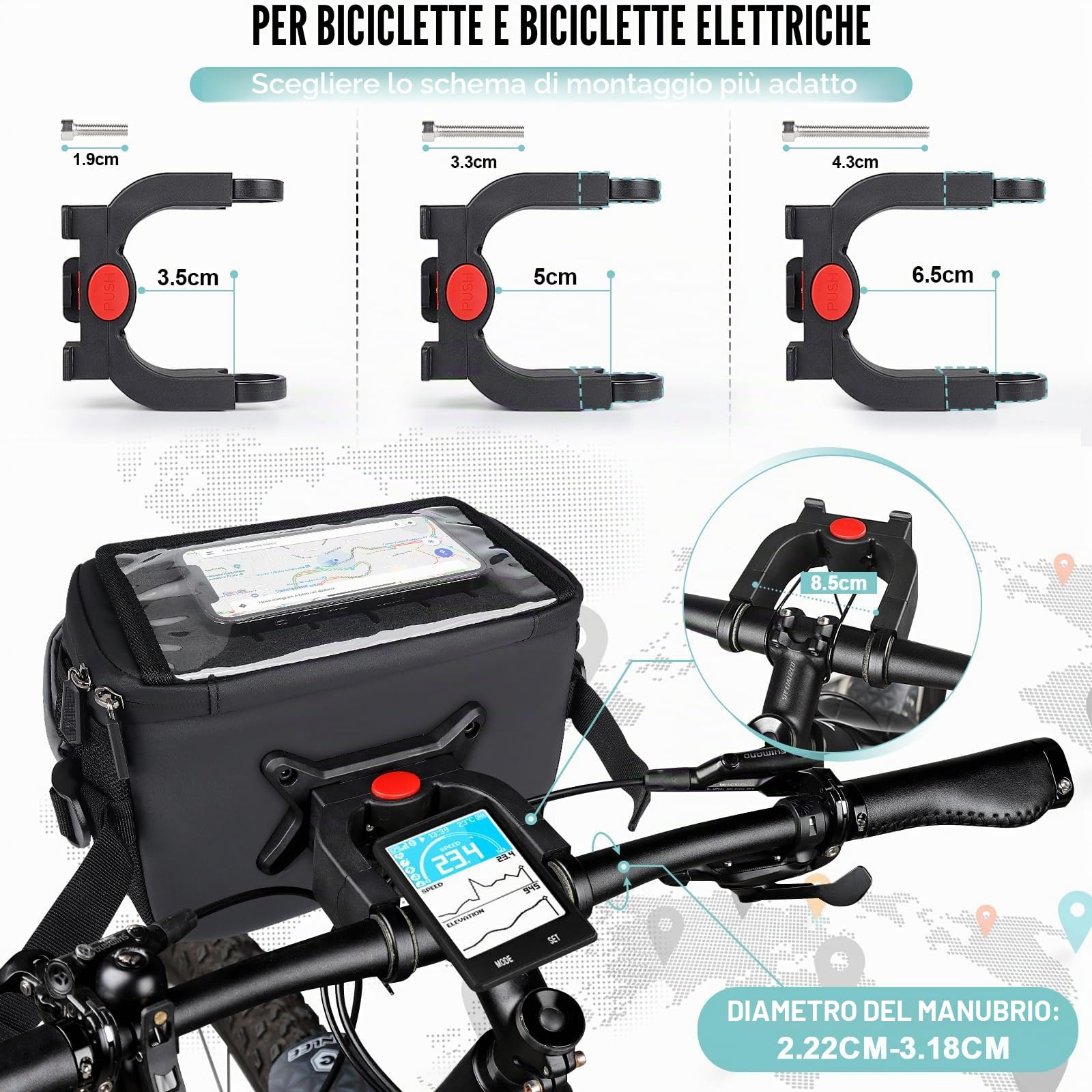 GXCROR Borsa per manubrio da bicicletta 4,7L con rilascio rapido | Supporto stabile per città e trekking | Impermeabile + scomparto per cellulare + portabottiglie