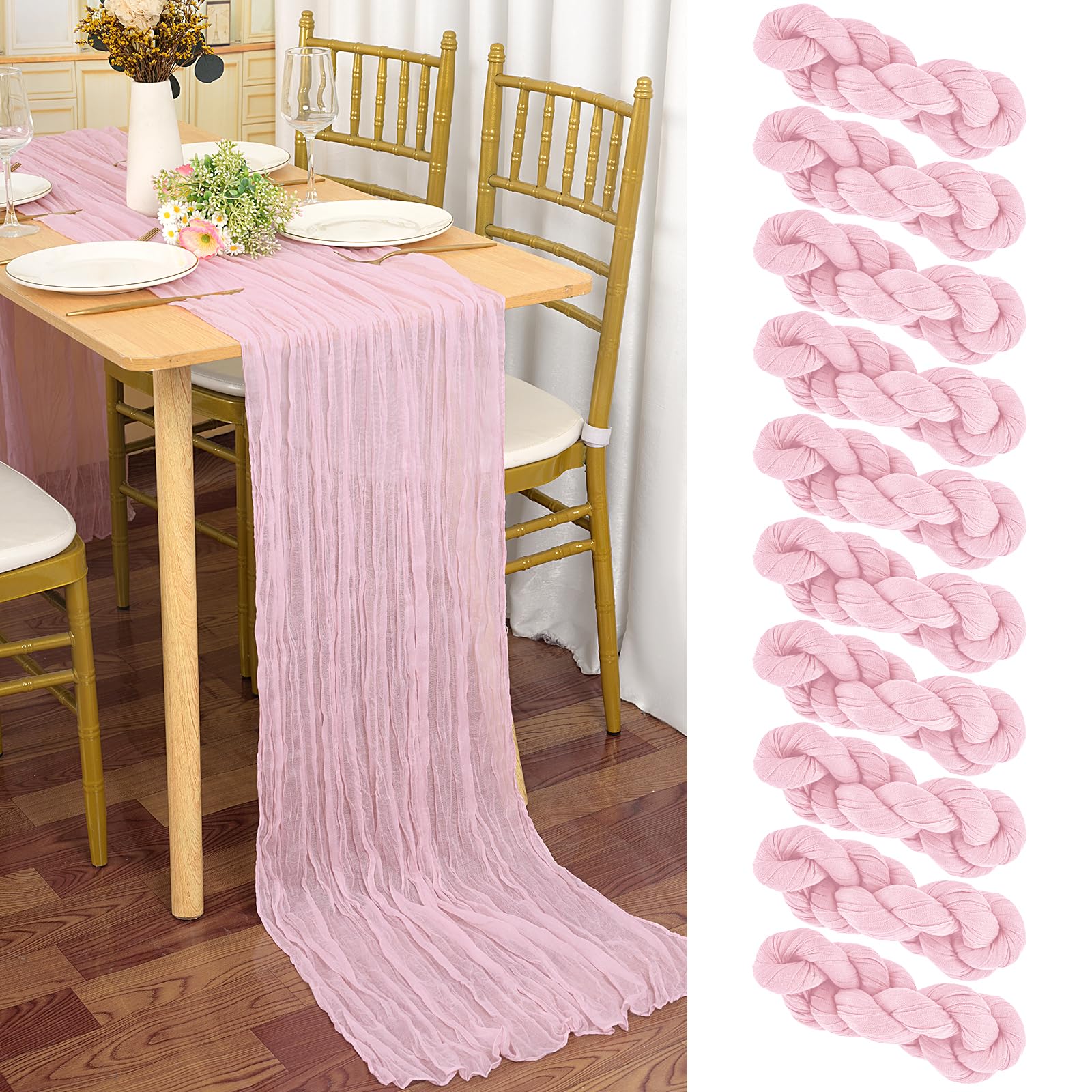 10 sztuk białego bieżnika na stół w kolorze babyrosa, 90 x 300 cm Jasny różowy rustykalny bieżnik z gazy w stylu boho, tkanina do sera, gaza na ślub, obrus na wesele, dekoracja stołu na przyjęcie