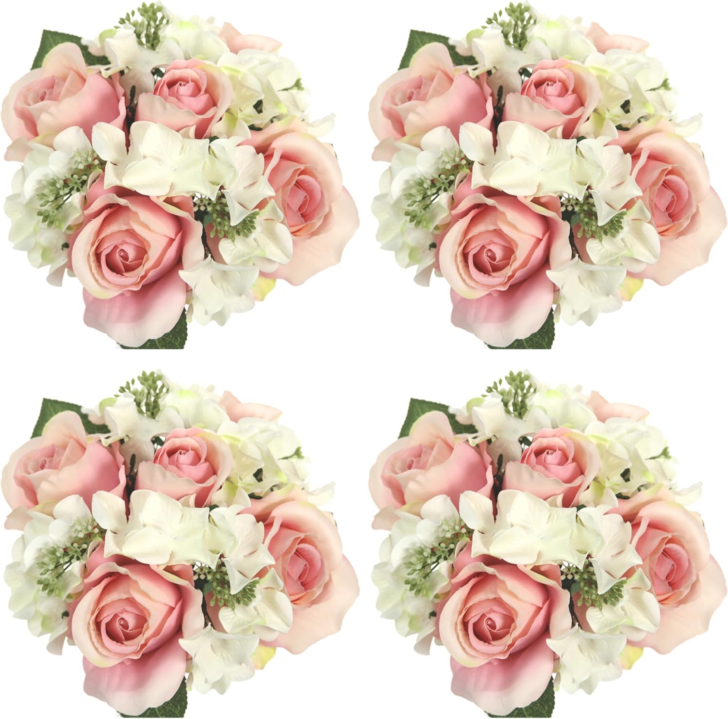Admired by Nature 4 pcs 9 Stems Faux Hydrangea Rosa Flower Bouquet, Fake Flowers for Bride Bridesmaid, Centerpieces Artificial Flower Arrangement Home Décor, Cemetery Decorations for Grave, Blush
