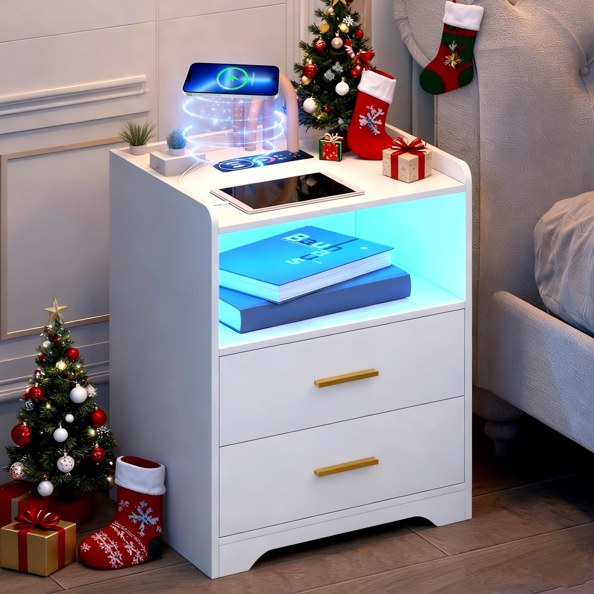 Slim Nachtkastje met Oplaadfunctie, Nachtkastje met Verborgen LED en Multifunctionele Stekkerstrip, Bijzettafel met 2 Lades, for Opbergruimte in de Slaapkamer (Color : White, Size : 45cm/17.7in