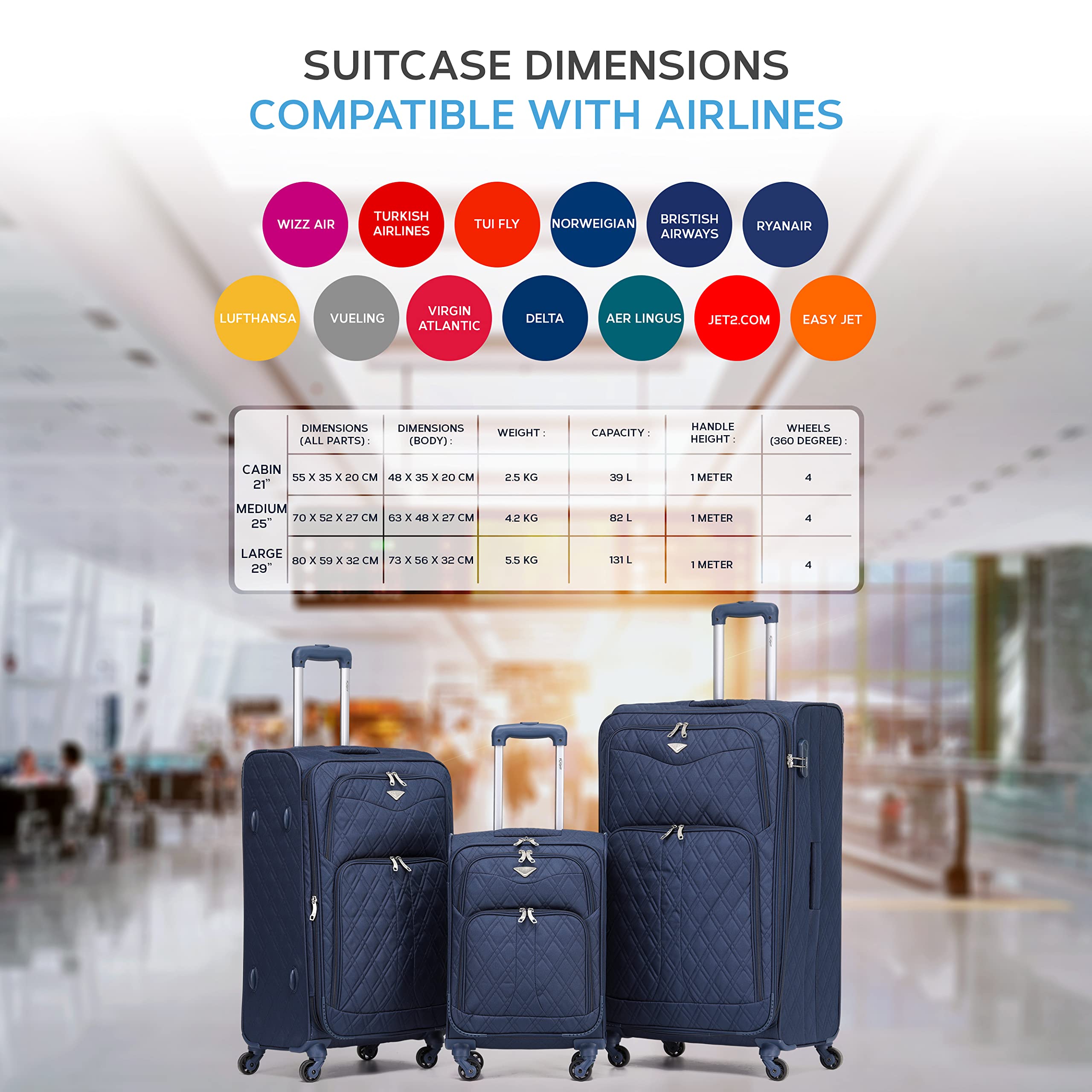 Flight Knight Lightweight 4 Wheel 800D Soft Case Quilted Suitcases Anti Crack Cabin & Hold Luggage Options Approved for Over 100 Airlines Including easyJet, BA & Many More!