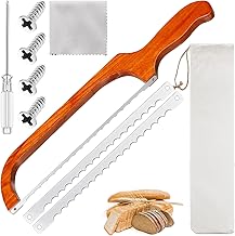 Lanties Wooden Bread Bow Knife Wooden Serrated Bagel Knife Bread Bow Knife with 2 Pcs Bread Bow Knife Blades and 4 Pcs Matching Screws for Homemade Bagels and More