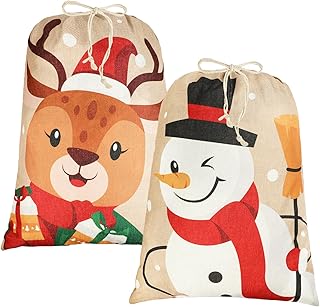 VEYLIN Large Christmas Sacks, 2 Pieces Reusable Christmas Double-sided Printed Large Santa Sacks Xmas Presents Bags with Drawstring (48 X 66 CM)