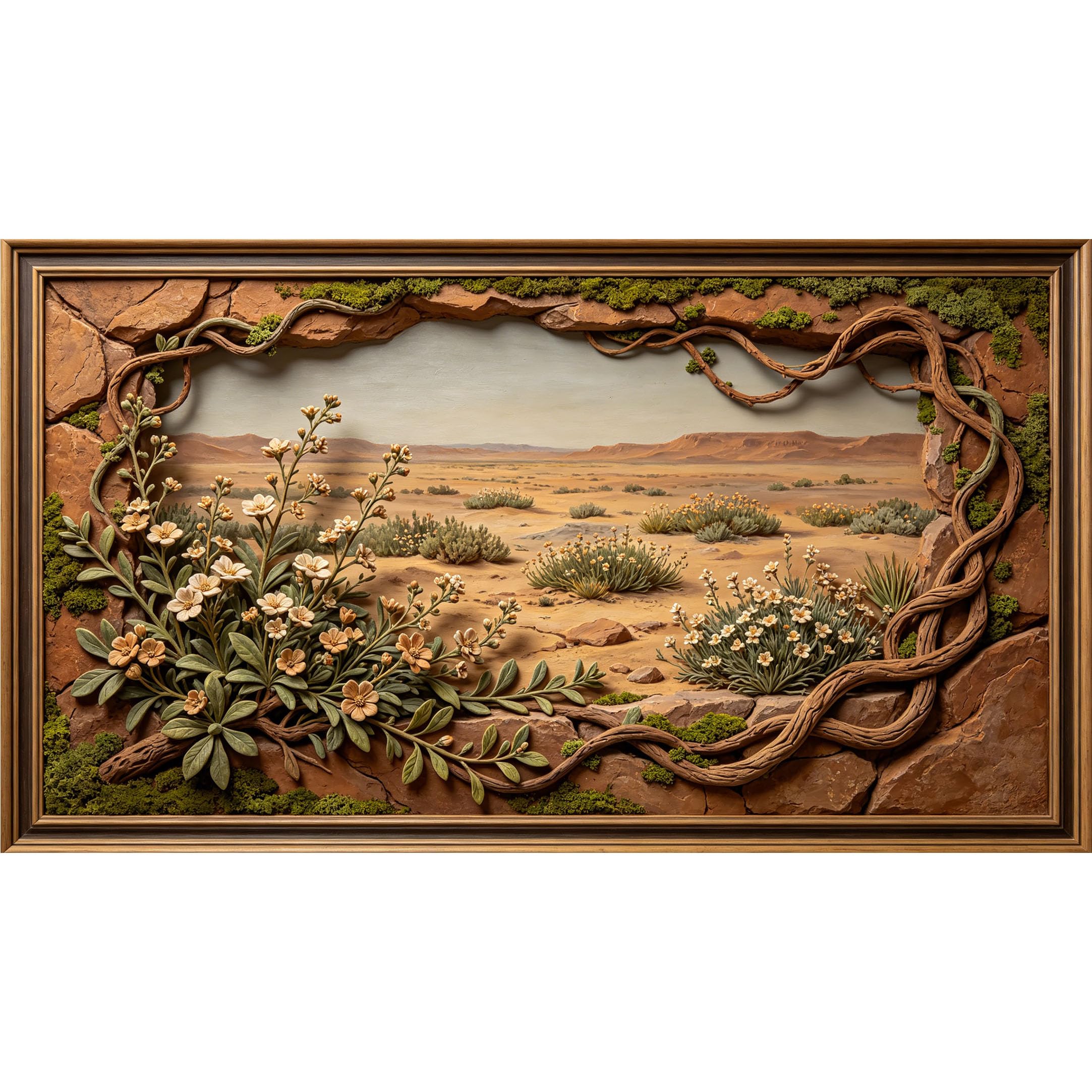 QZLITHOTIC 50×90cm3D Framed Wall Art， Desert Floral Botanical 3D Trompe l'oeil Self?Adhesive Mural， Water?Activated Peel & Stick Fabric Decor Wall Decal for Bedroom Living Room
