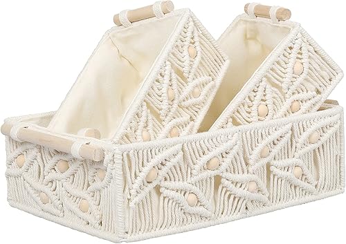 ANMINY Juego de 3 cestas de almacenamiento de macramé, hechas a mano, de algodón, decorativas, bohemias, para escritorio, cajas con asas de madera,