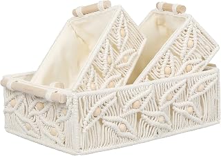 ANMINY Macrame Storage Baskets Set 3PCS Handmade Cotton Woven Decorative Boho Desk Storage Bins Boxes with Wood Handles Wooden Beads Towel Paper Clothes Large Shelf Laundry Organizer Container