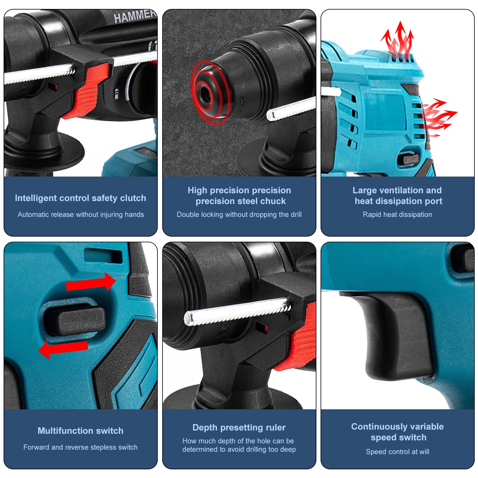 Martello perforatore professionale a batteria Mak-ita 18 V, 7.0 Joule, 4500 giri/min, 3 modalità: foratura, trapano a martello, scalpello, motore brushless, martello con set di 6 scalpelli (senza