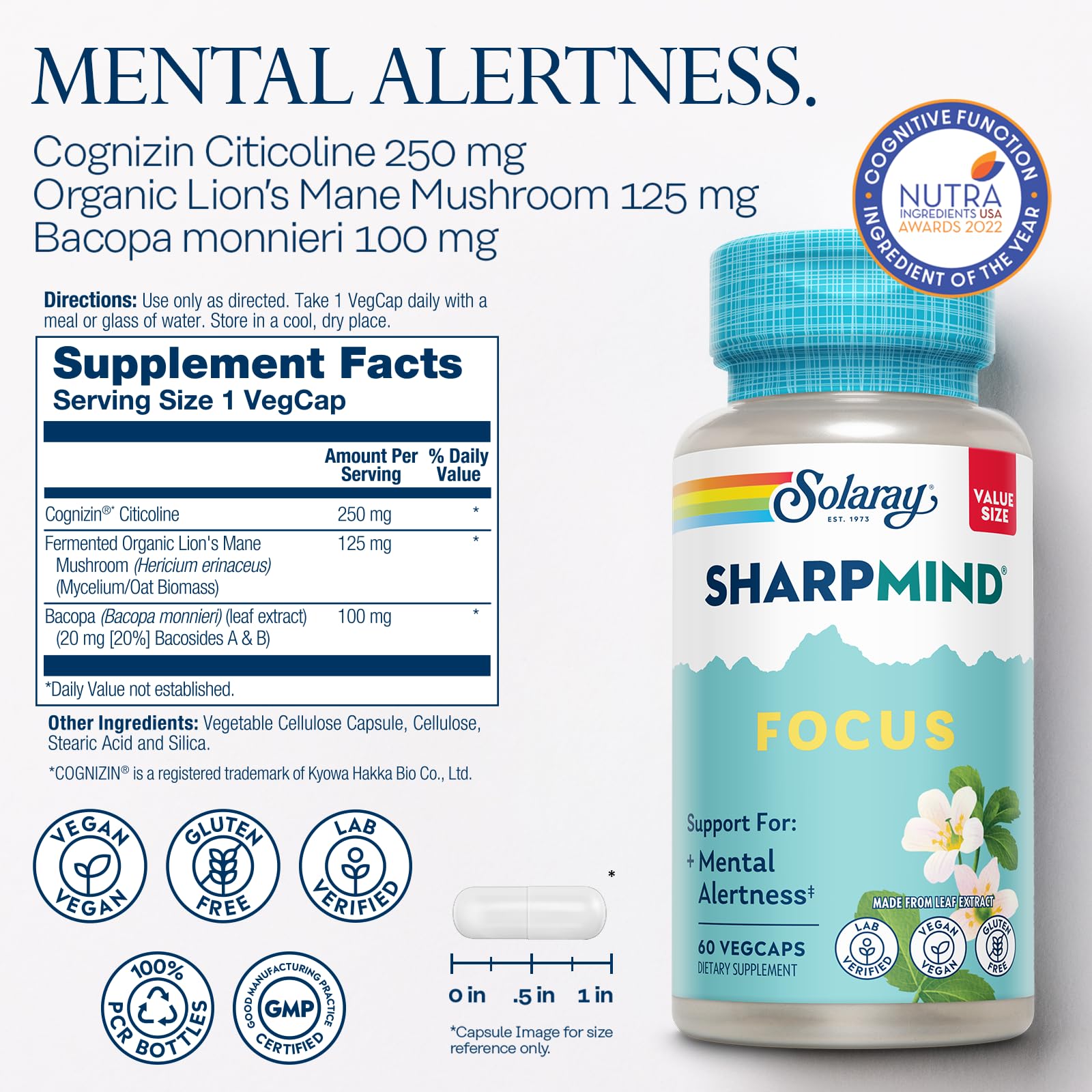 SOLARAY SharpMind Focus, Mental Alertness Nootropic Supplement for Healthy Brain Fog, Cognizin Citicoline, Lions Mane Mushroom, Bacopa Monnieri, 60 Day Money Guarantee, 60 Serv 60 Veg Caps — Amazon image 2