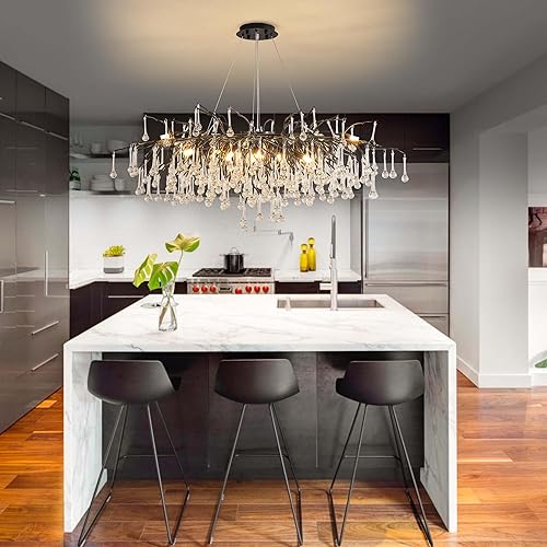 Miniatura 100 de Candelabro moderno de ramas de árbol de cristal, color negro, 40 pulgadas, Art Deco Rectángulo Lineal con gotas de lluvia para interiores, comedor