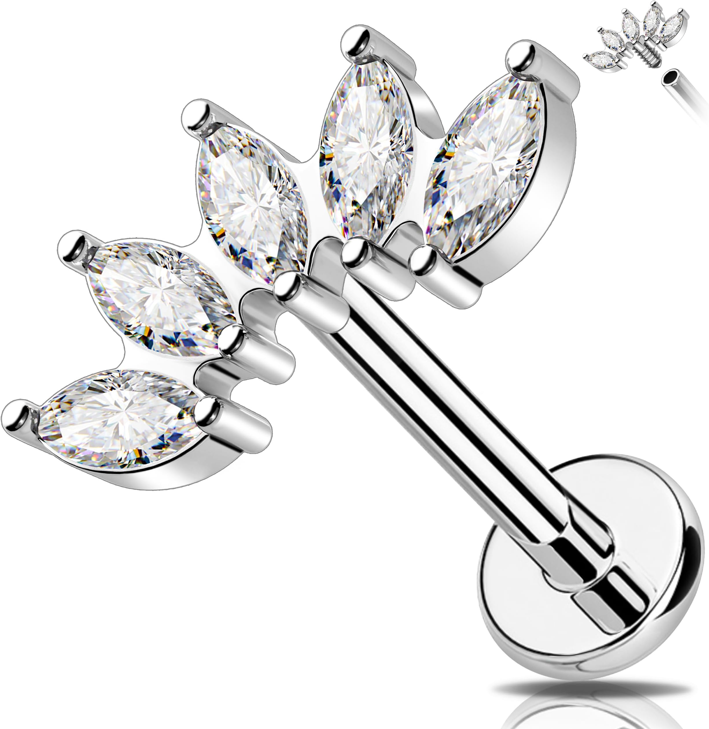 Melighting Titanium Conch Piercing Jewelry Internally Threaded 16G Cured Cartilage Earring Clear CZ Titanium G23 Helix Piercing Jewelry 8mm Labret Jewelry for Wome