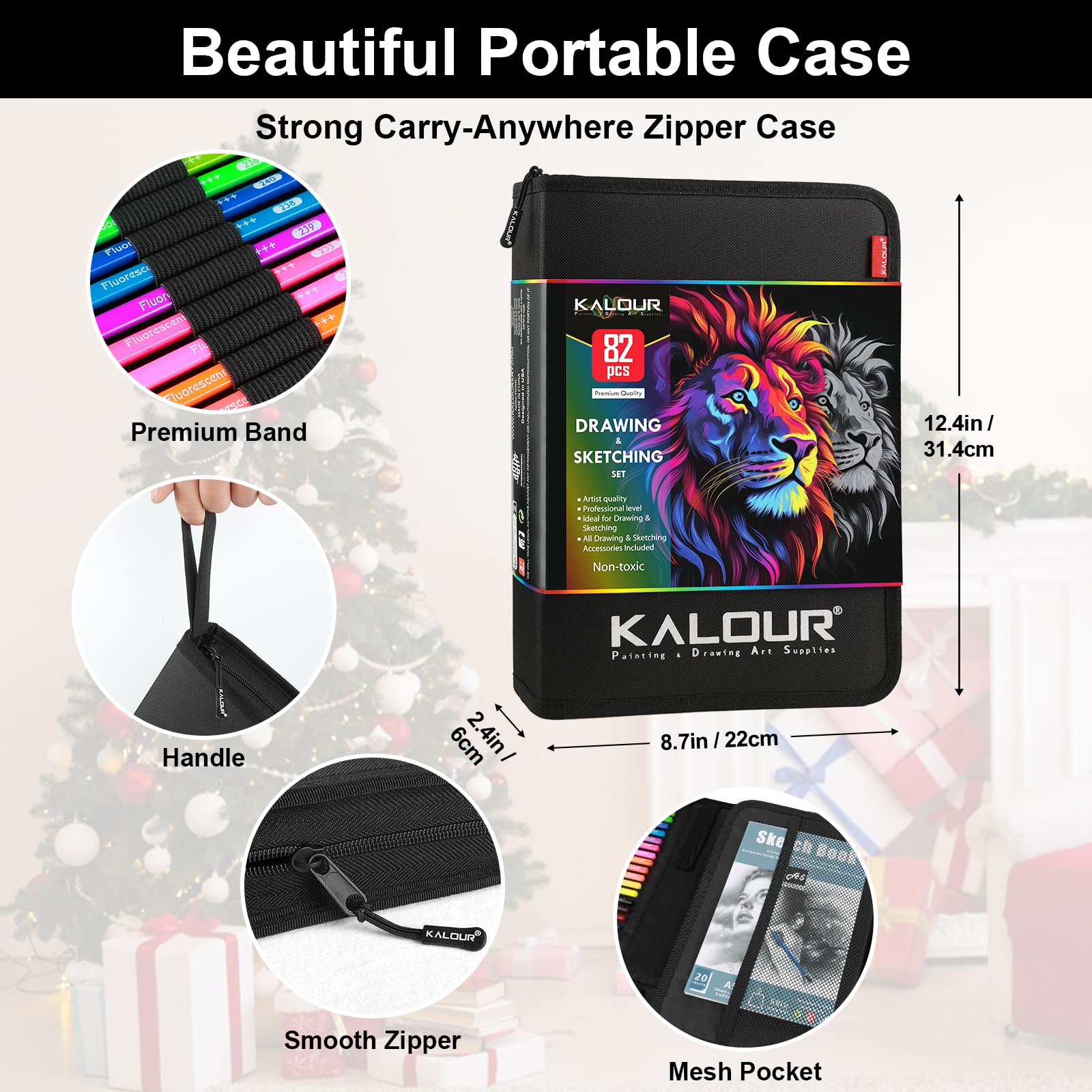 KALOUR PDAS 82 Set da disegno Kit per schizzi, Forniture artistiche professionali con matite fluorescenti, colorate, acquerellabili, metalliche, in grafite, carboncino,5 album da disegno e da colorare