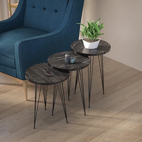 PAK HOME Juego de 3 mesas auxiliares anidables, redondas de madera, apilables, mesa de sofá con patas de metal para sala de estar, oficina en casa,