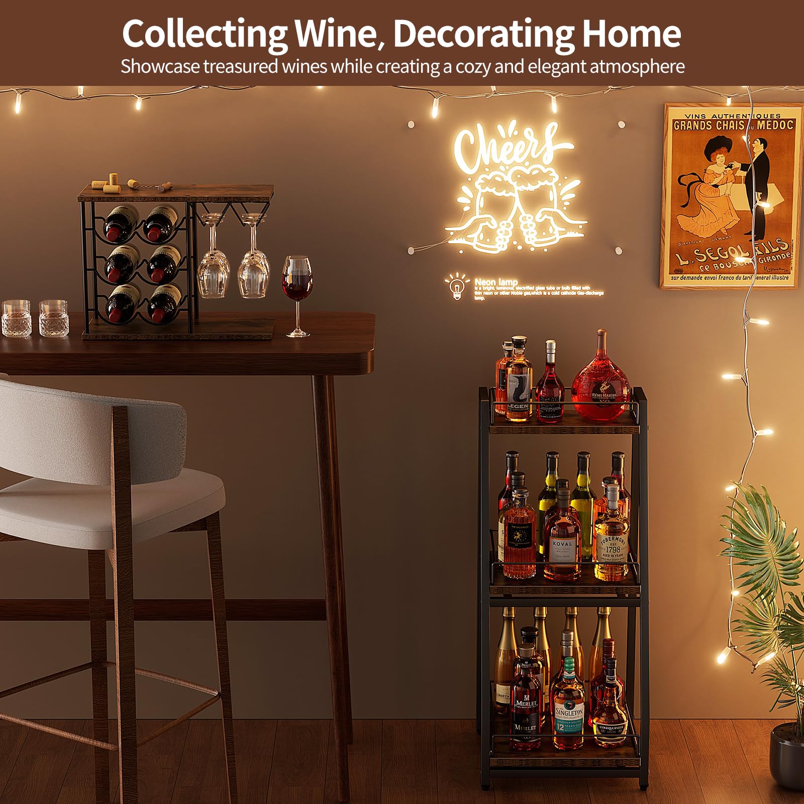 Nuovoware Mobile per Liquori 3 Livelli Mini Bar, Scaffale Vino Terra Whisky, Scaffale Angolare Bottiglie Liquore Recinzione Cassetto Scorrimento per Casa, Cucina, il soggiorno Sala da Pranzo, Nero