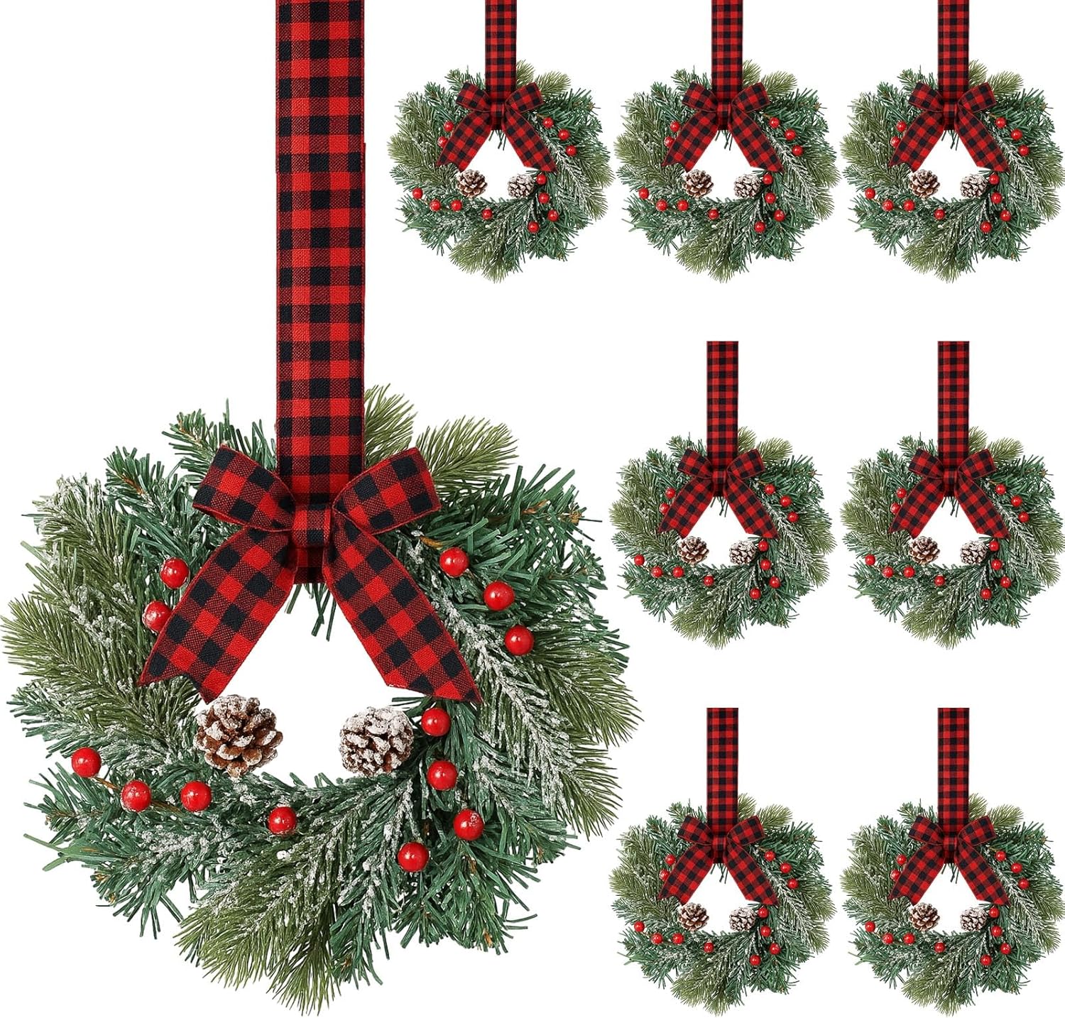Jexine 8 Pieces Mini Christmas Wreaths for Kitchen Cabinet Small Christmas Candle Rings Wreaths Pillars Candle Rings Table Centerpieces Hanging Garlands for Front Door Window Decor (No Red Ribbon)