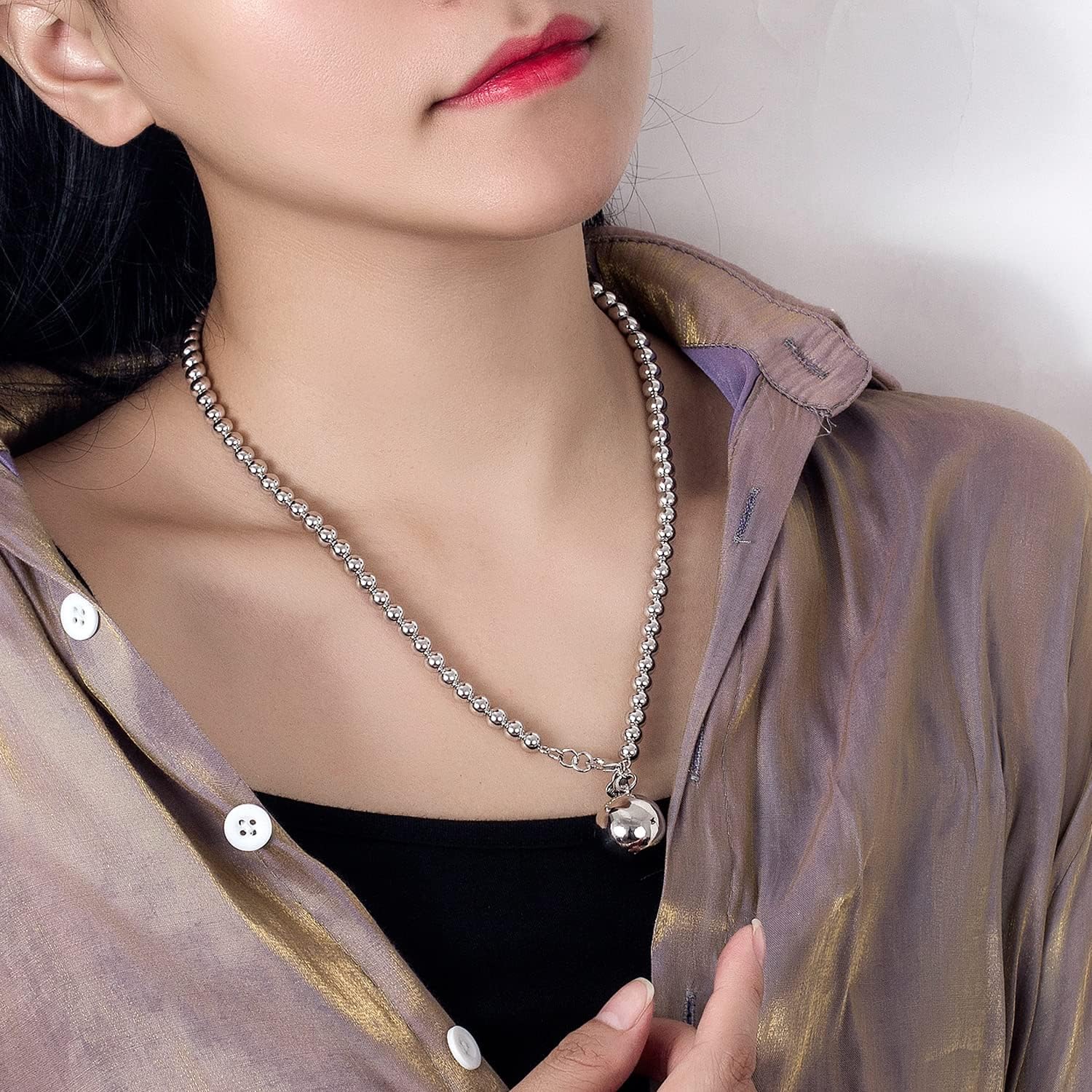 H&Beautimer Classic Women's 925 Sterling Silver Solid Necklace 4-6MM Bead Chain Necklace Bells/Heart Pendant Sweater Chain 18-34'' Mother's Day Gift Jewelry - Image 3