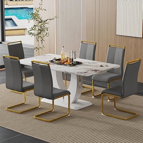 Miniatura 30 de Moderno juego de mesa de comedor de mármol sintético blanco para 4, 5 piezas rectangulares y 4 sillas tapizadas de piel sintética, mesa de comedor
