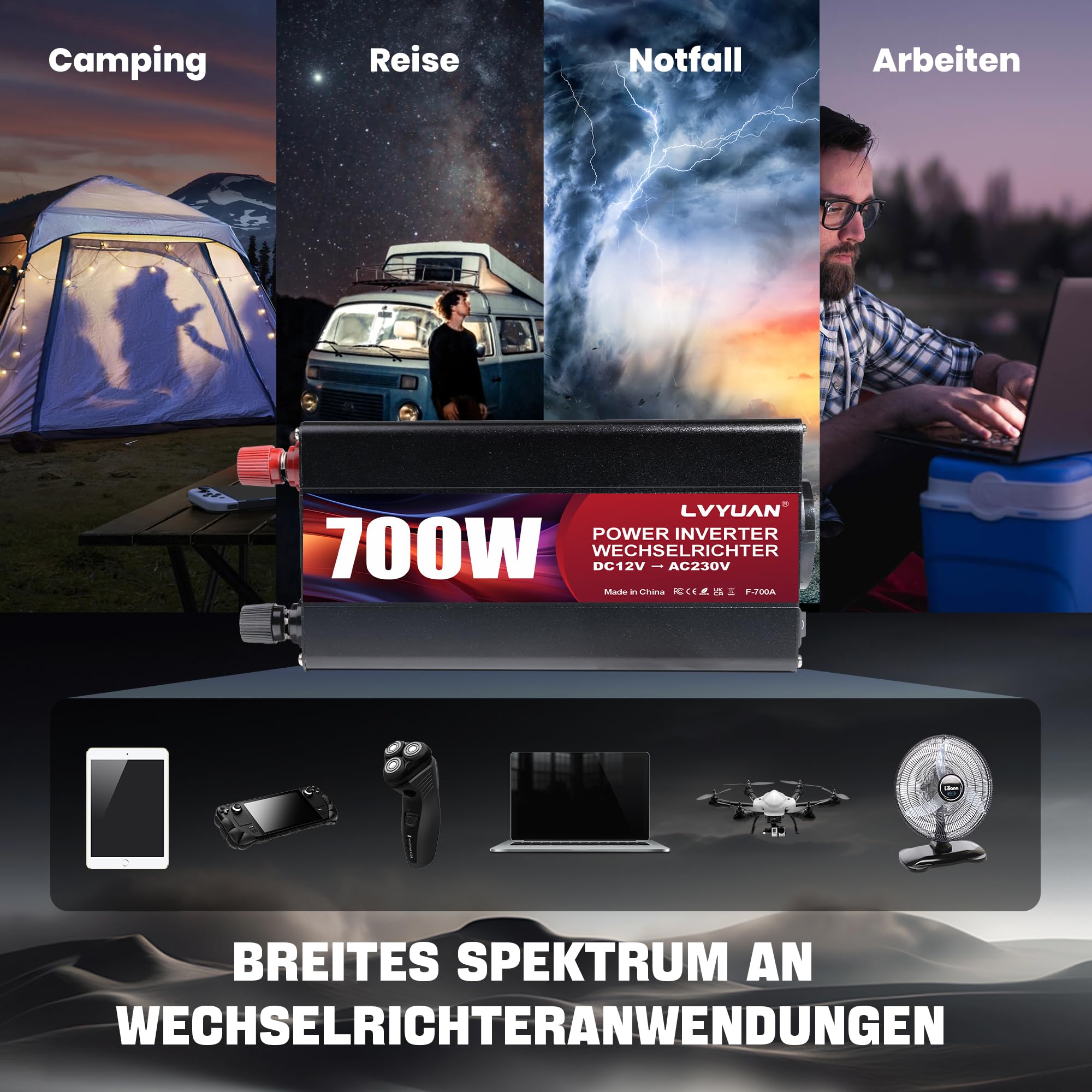 LVYUAN 700W Wechselrichter DC 12V auf 230V AC Spannungswandler Auto Konverter mit Dual USB Ports & EU Steckdosen Kfz Ladegerät Adapter