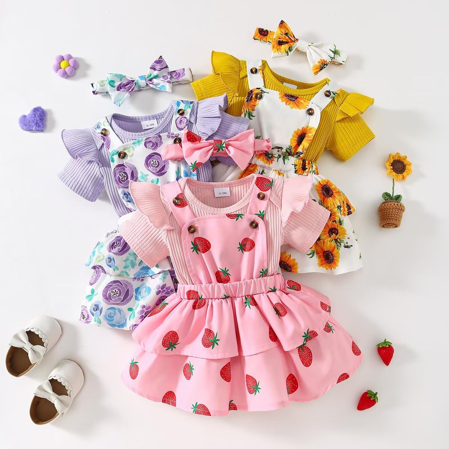 Baby Girl Summer Clothes Newborn Outfit Ruffle Romper Adjustable Suspender Overall Dress Bow Headband 0-24 Months - Image 7
