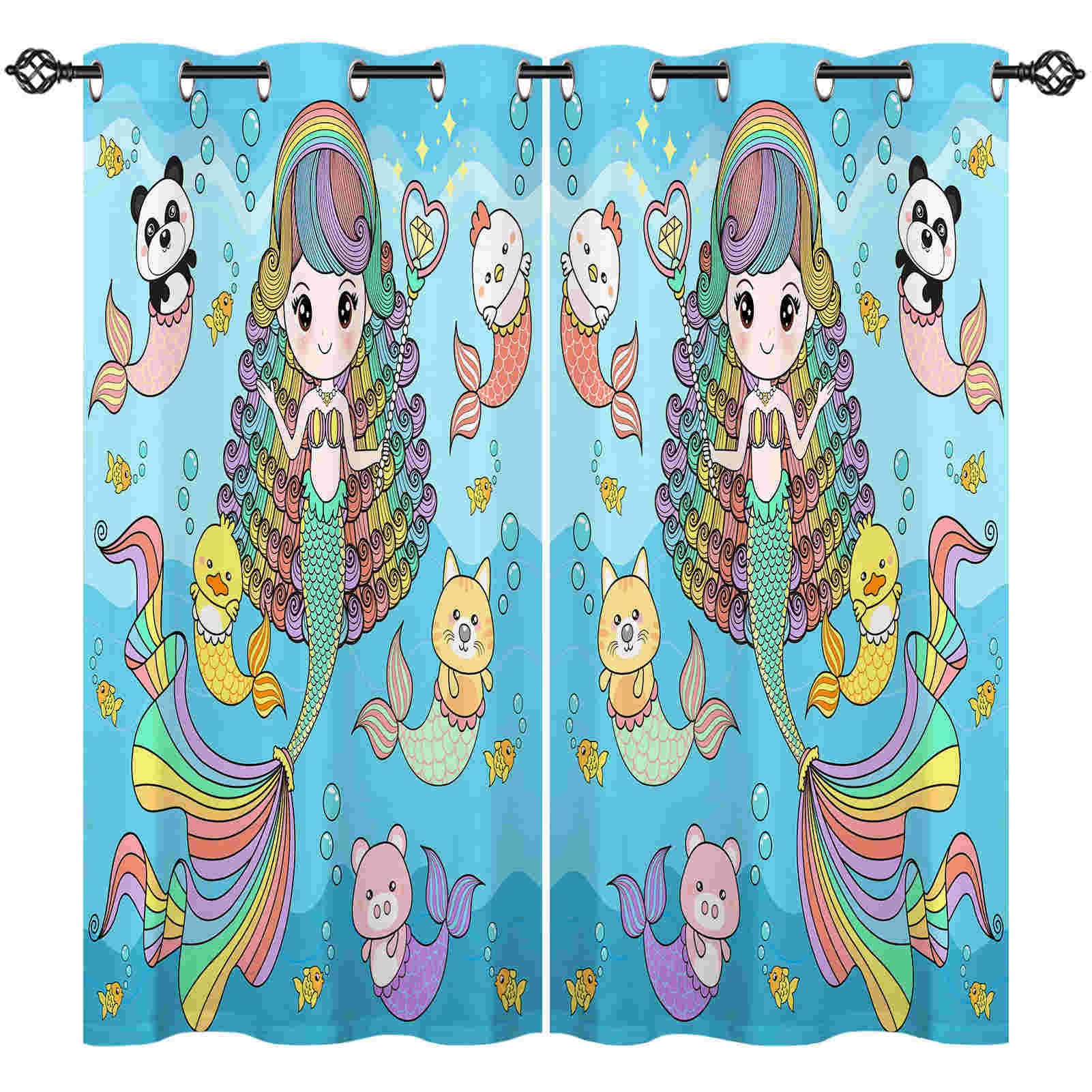 ANHOPE Mermaid Curtains Eyelet Ring Top Soft Thermal Insulated Blackout Curtains Princess Ocean Sea Animal Print Pattern Decorative Window Drapes for Bedroom Living Room 42 x 63 Drop Inch 2 Panels