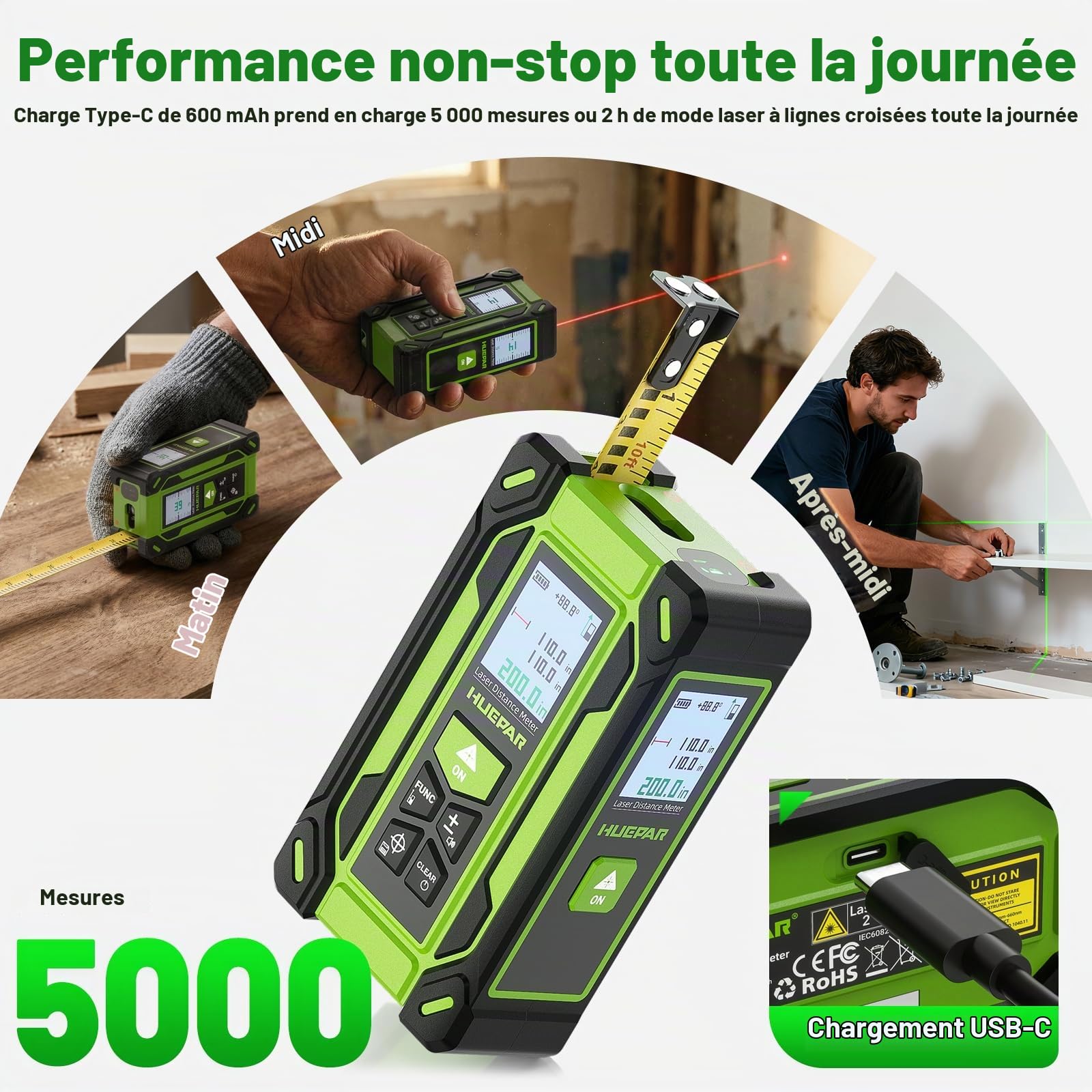 HUEPAR Ruban à Mesurer Laser 4-en-1 Rechargeable 60 m, Haute Précision ±1/16", Double Écran HD, Laser Croix Verte 33 ft + Ruban 10 ft, pour Mesure Distance, Surface, Volume, Pythagore et Nivellement