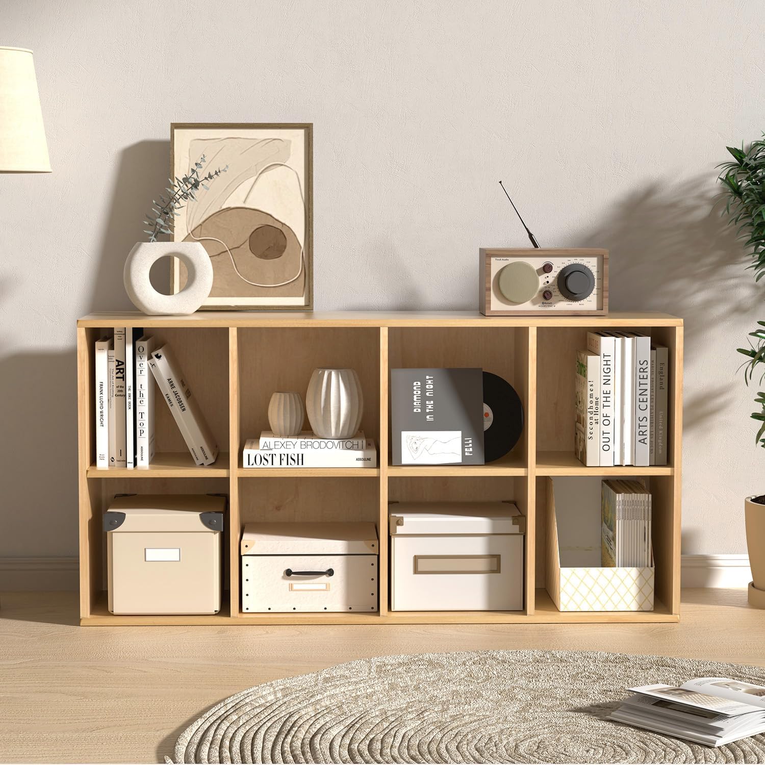 Bücherregal Holz mit Geschlossener Rückwand,Raumteilerregal,Würfelregal,Naturholz,8 Würfel