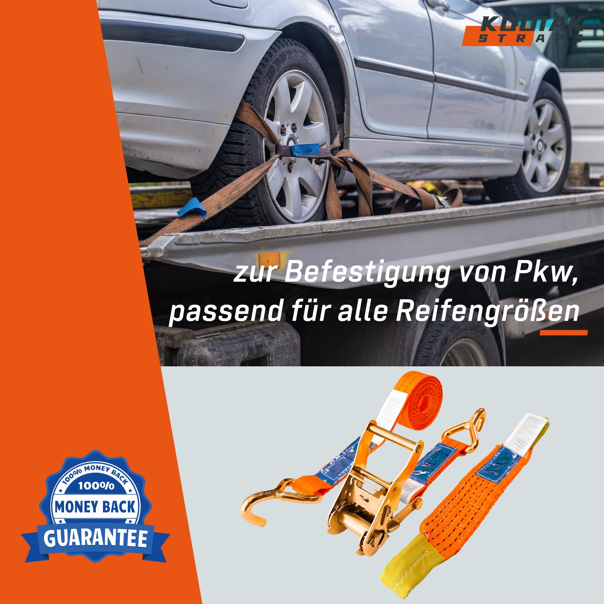 4 Stück Spanngurte für Autotransport | 35 mm Breite | 2000 daN | Zurrgurte für Radsicherung, PKW, Anhänger & NFZ - TÜV G/S Zertifizierte Ratschengurte Nach DIN EN 12195-2 - KODIAK STRAPS