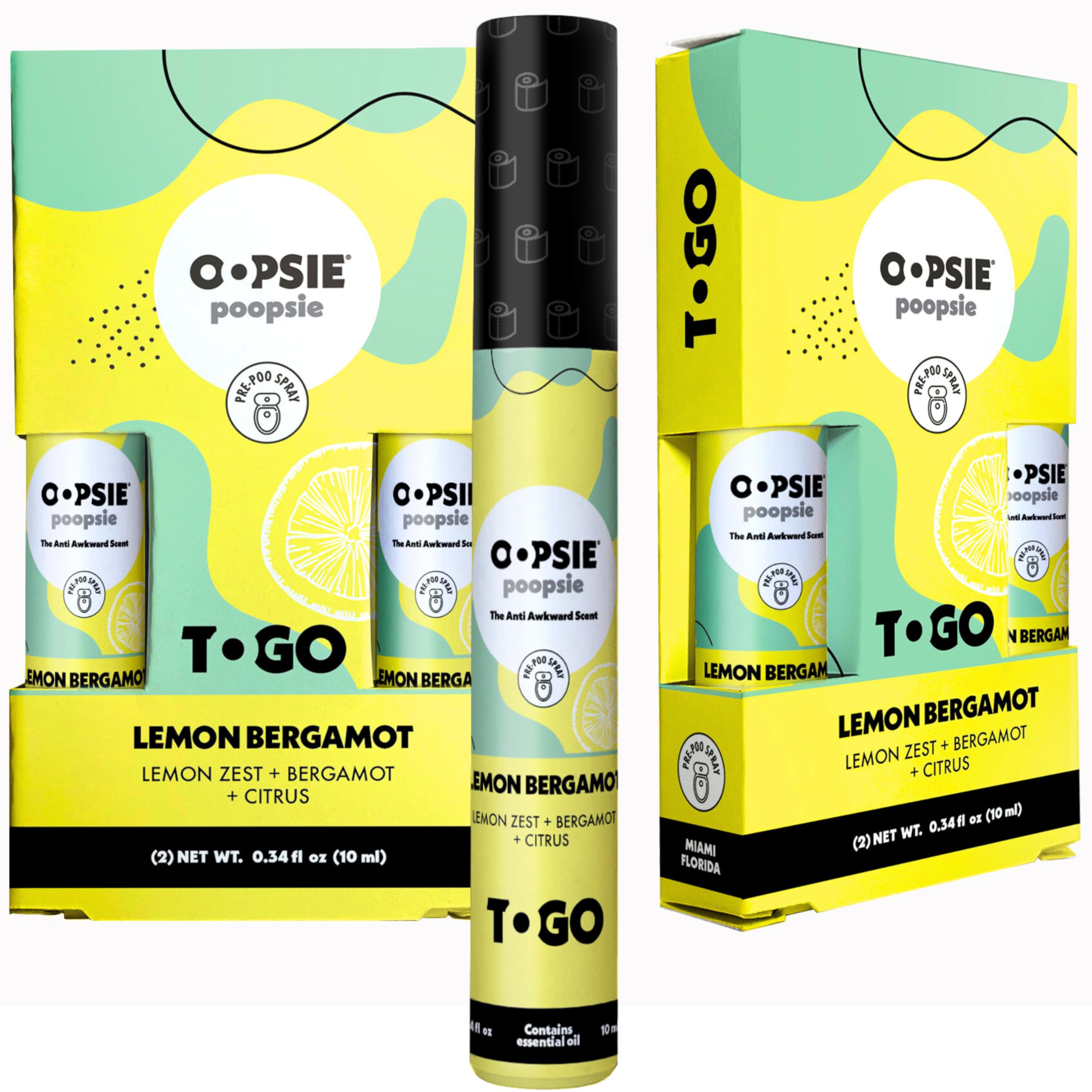 Oopsie Poopsie Pre Poo Toilet Spray - Set of 2 Two-Packs, Travel Size & Discreet In-Bowl Odor Eliminator & Toilet Freshener - 4 x 7ml Bottles, On the Go, Lemon Bergamot