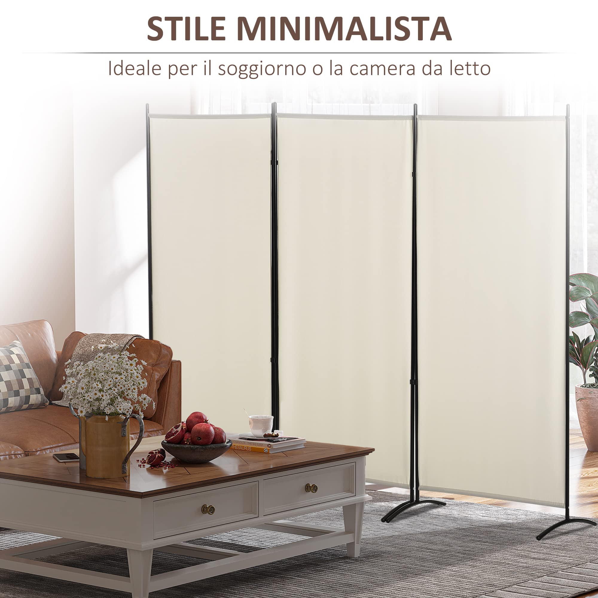 HOMCOM Paravento da Interno a 3 Pannelli Pieghevole, 253x182 cm Separé Divisorio per Ambienti Interno Autoportante Intrecciato in Metallo e Poliestere per Casa, Soggiorno e Ufficio, Beige