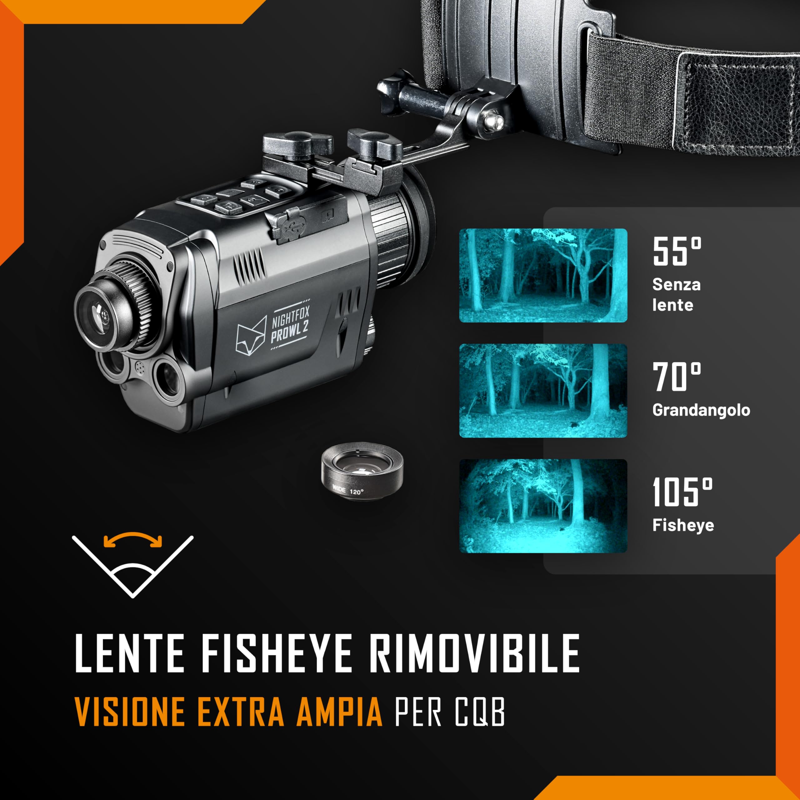 Nightfox Prowl 2 - Visore Notturno, Monoculare per Visione Notturna a Infrarossi, Lenti Fisheye e Grandangolari, IR a 940 nm, Impermeabile IP65, NVG Digitale Montato sulla Testa/Casco per Softair