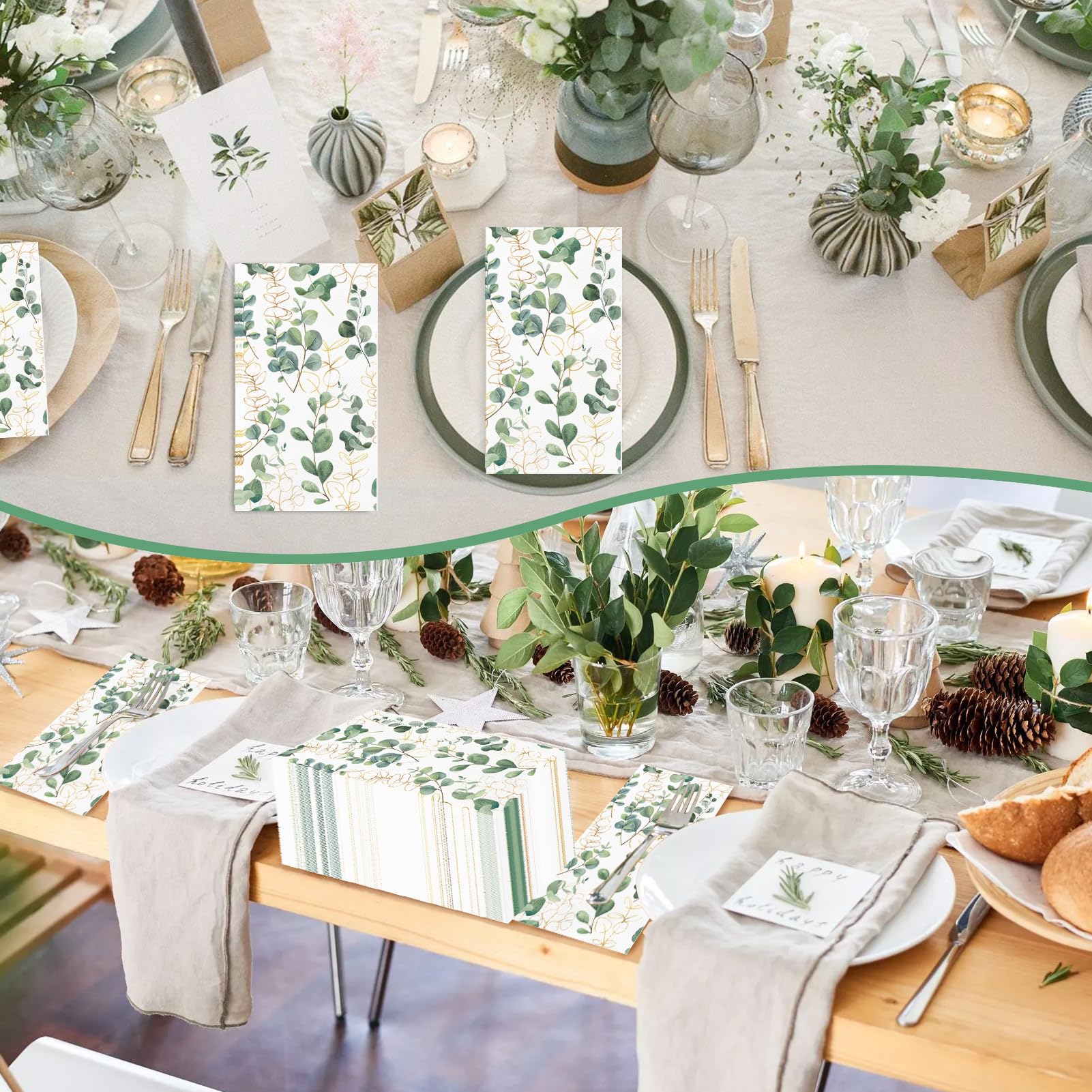 40 Witte Servetten Met Eucalyptuspatroon En Gouden Rand – 2-laags, 33x33 Cm – Voor Bruiloft, Babyborrel Of Feest