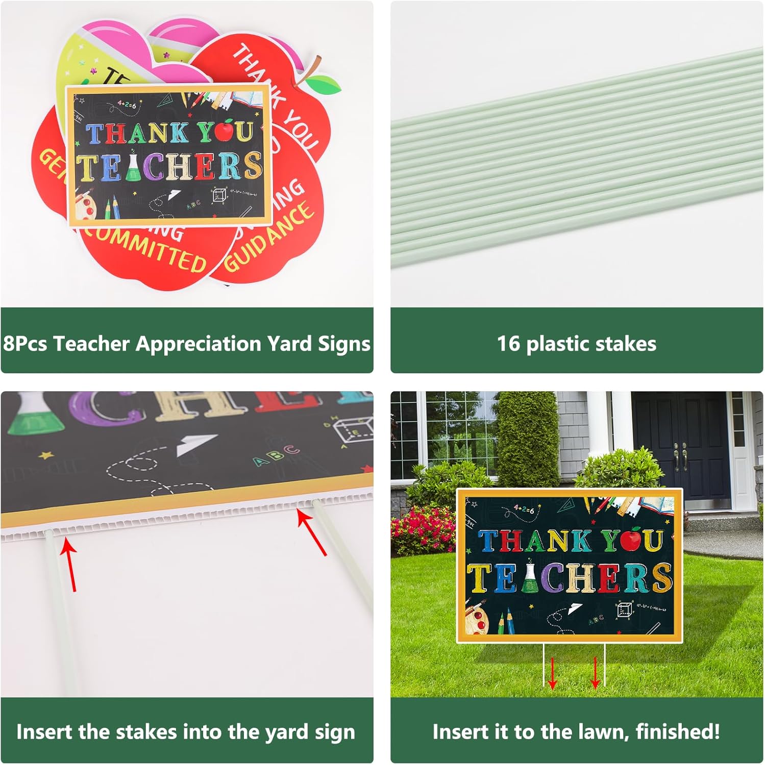 Teacher Appreciation Decorations Yard Signs 8 Pcs with Stakes Thank You Teachers Party Supplies Apples Hearts Blackcoard Decor for Indoor Outdoor School Lawn, Yard, Garden, Home Decorations