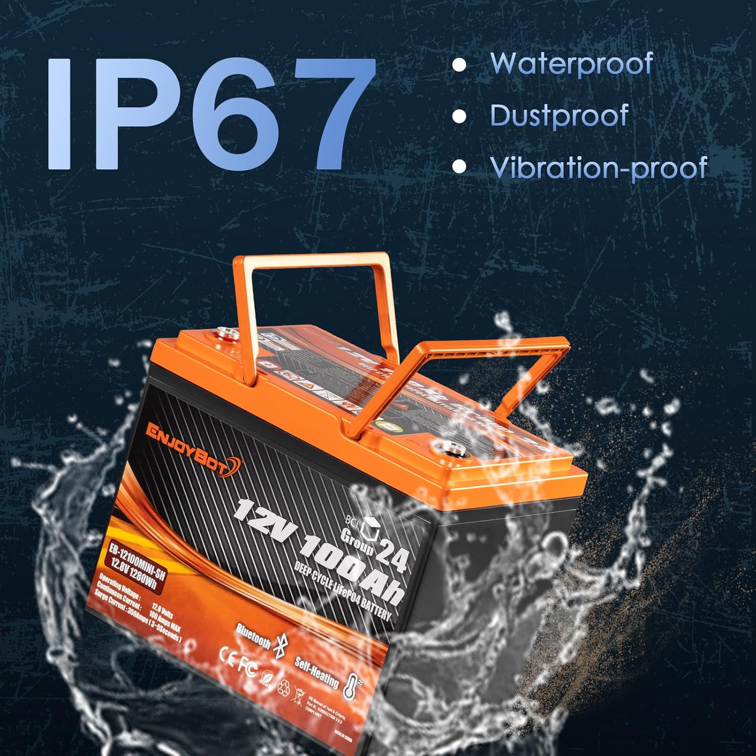 Enjoybot 12V 100Ah Self-Heating LiFePO4 Lithium Battery, Group 24 Lithium Battery Built-in 100A BMS and Bluetooth, 1280W Load Power, Peak Current 350A Perfect for Golf Cart Trolling Motor (3 Pack)