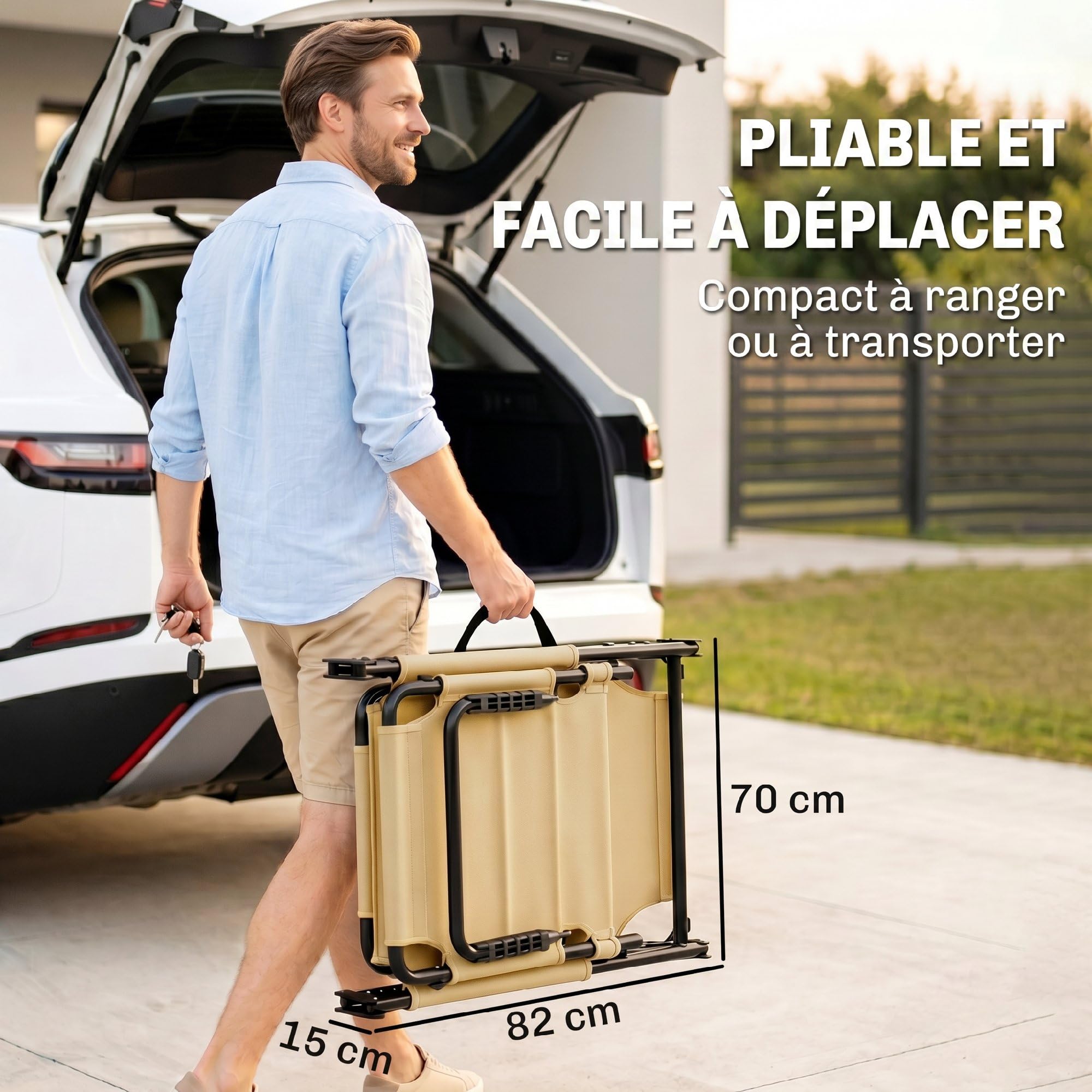 Outsunny Bain de Soleil Chaise Longue Pliante Jardin 70 x 200 x 45 cm Crème