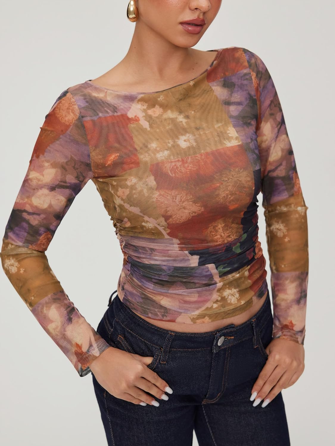 CIDER Women's Tops Vintage Floral Print Boat Neck Casual Fitted Tee Shirts Long Sleeve Tops Lightweight Mesh Tops - Image 3