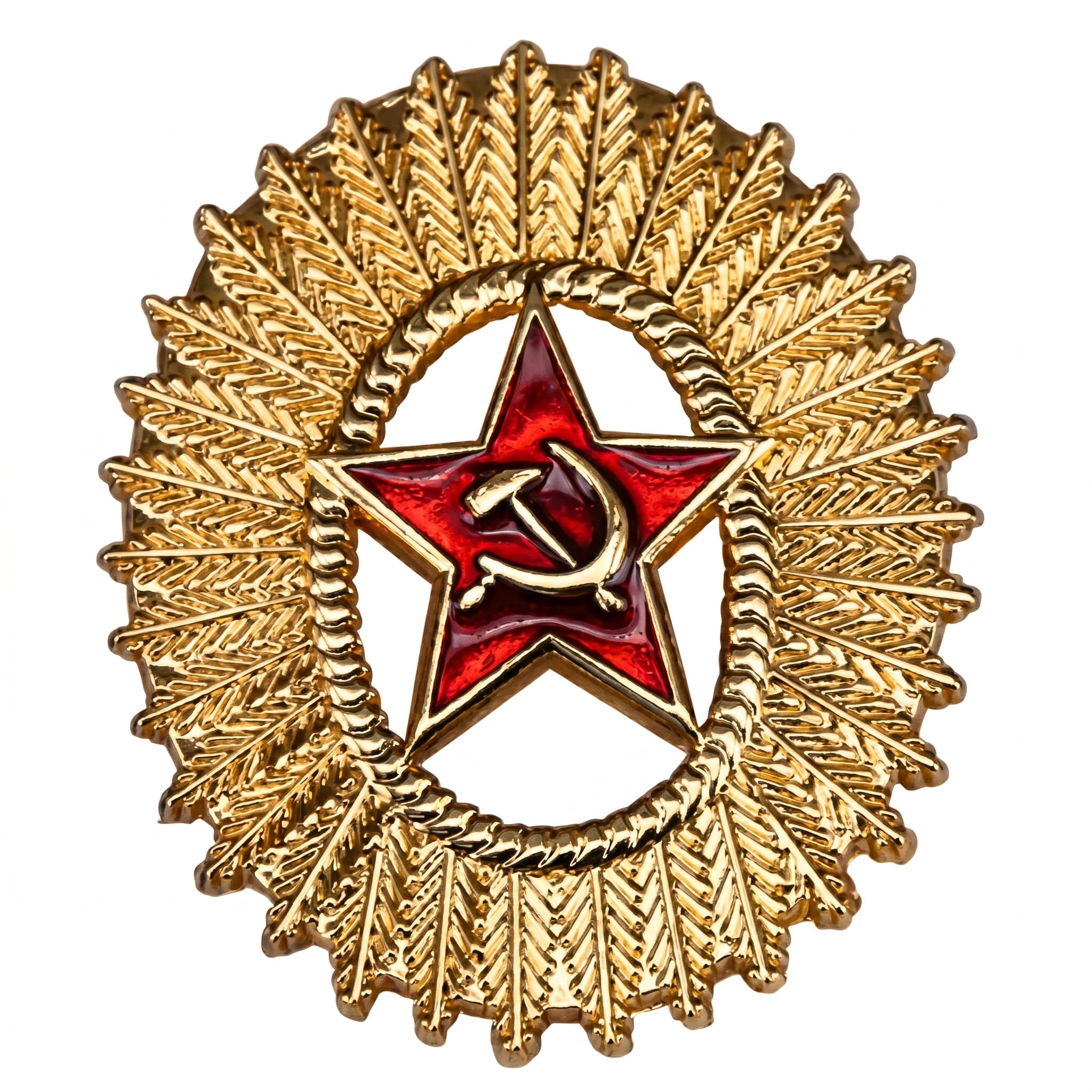 Freecrows Gold Historical Eastern Bloc Headwear Insignia – Commemorative Officer Star & Wreath Emblem – Red Enamel Style Metal Attachment For Collectors