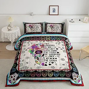 Bohemian Comforter Set, Sugar Skull Flower Bedding Sets, Skeleton Floral Down Alternative, With Inspirational Quote Pastoral Bedding Comforters Queen Size 3 Pieces Bedroom Home Decor For Men And Women