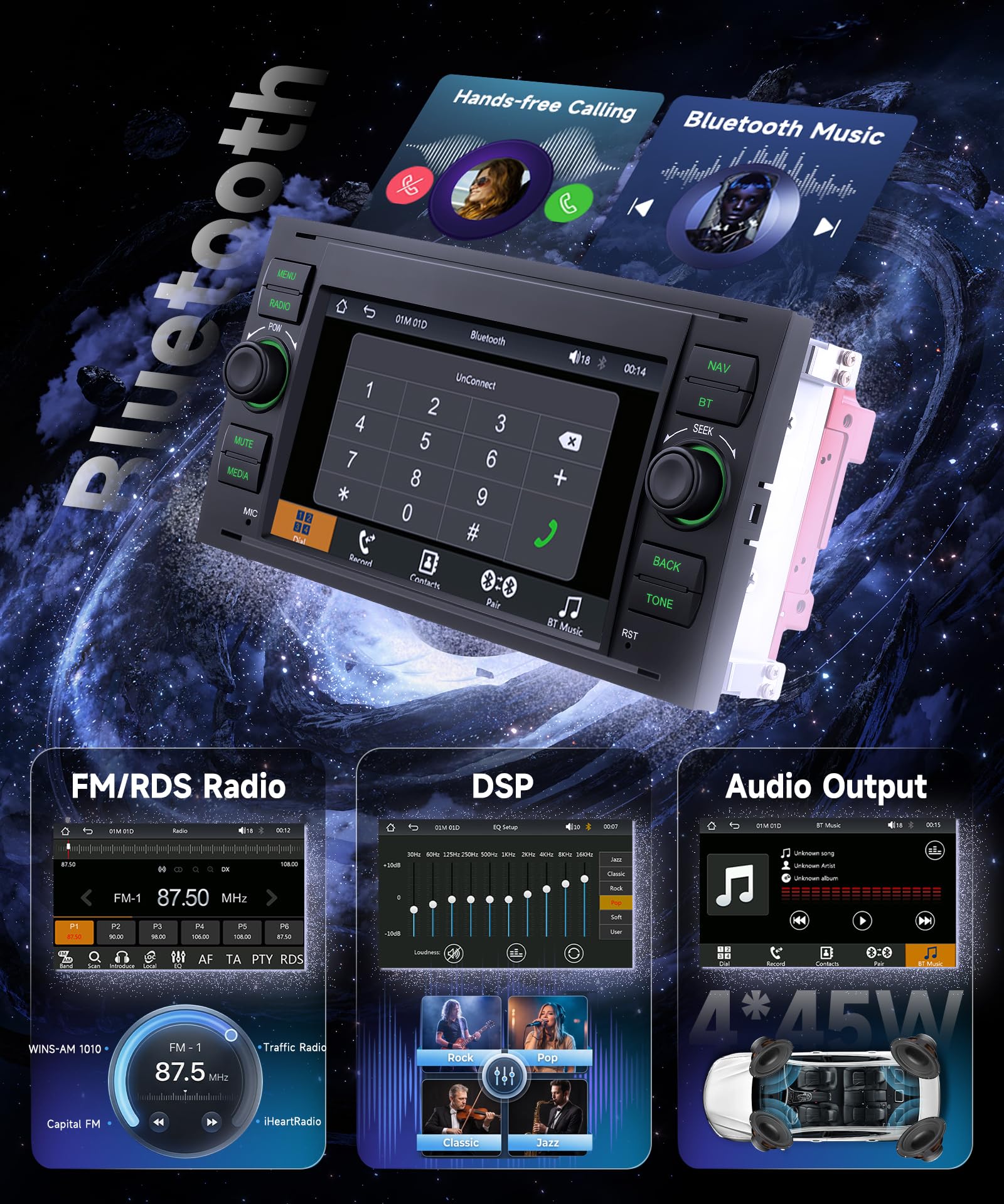 Hodozzy Radio samochodowe do Ford Transit Fiesta Focus z bezprzewodowym Carplay Android Auto,7-calowy ekran z Bluetooth/RDS, radiem, SWC/USB/GPS/EQ/Mirror Link, kamera cofania