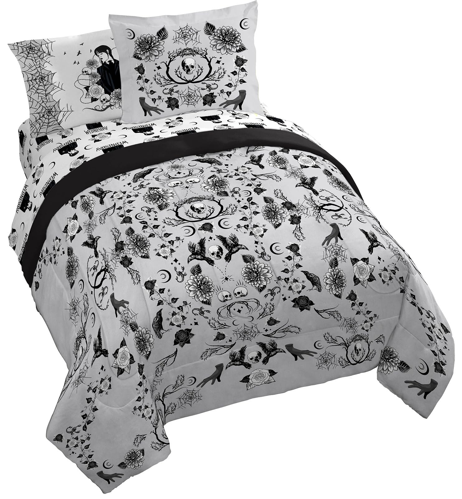 Jay Franco Wednesday Addams Full Size Comforter Set - 7 Piece Bedding Includes Sheet Set & Pillow Covers - Black & White Gothic Super Soft Cozy Bedding