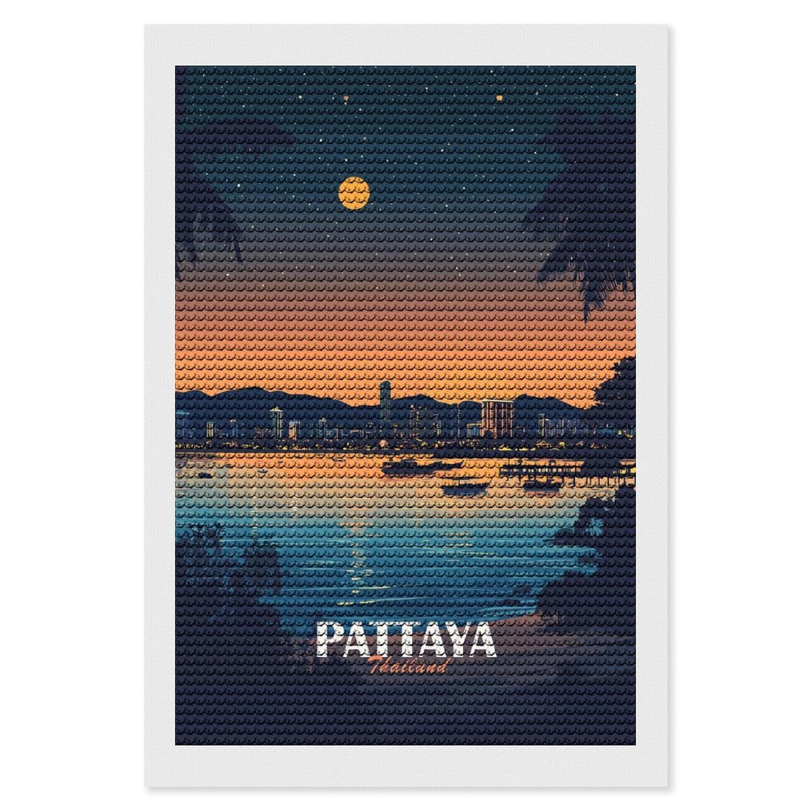 Junmoney Pattaya Thailand Cityscape at Night Diamond Art Canvas 8"x12", for Adults, Good for Quiet Evenings, Bedroom Decor, Festive Craft Gift, Easy to Enjoy