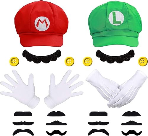Humairc Super Bros - Conjunto de accesorios de sombreros Mary Luigy, gorras, bigotes, tirantes, guantes botones para disfraz de Halloween