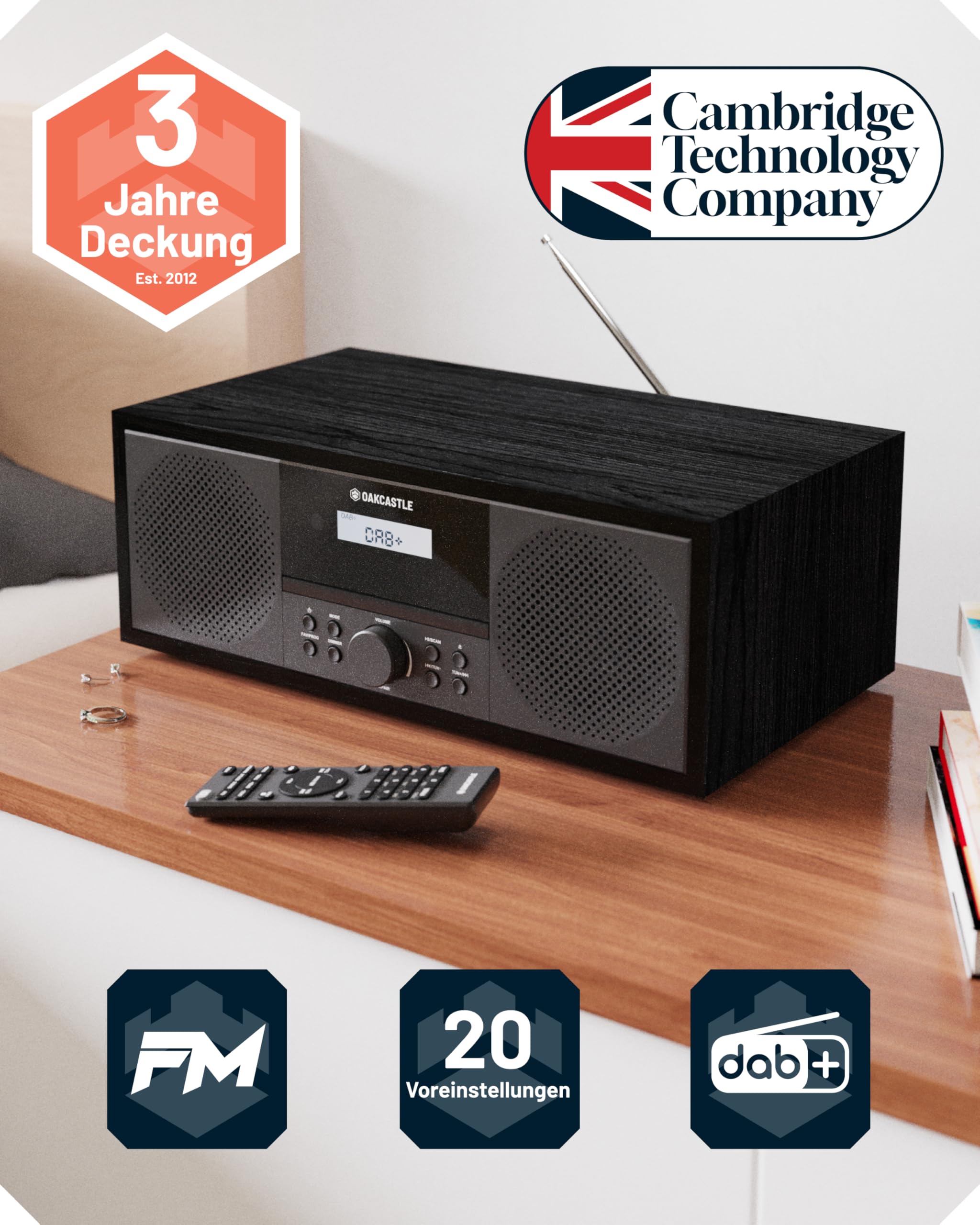 DAB Radio mit CD Player und Bluetooth | 60W Stereoanlage | Kompaktanlage mit USB | CD Player HiFi | UKW Radio Musikanlage | Digitalradio mit CD Player & Fernsteuerung | Küchenradio | OAKCASTLE DAB500