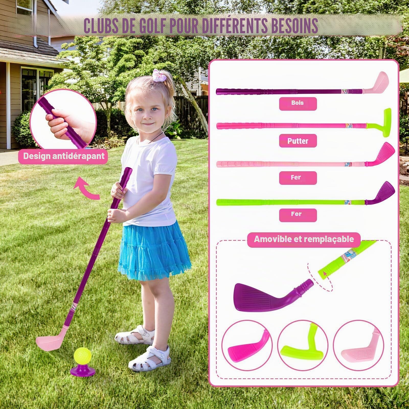 deAO Jeu de Golf pour Enfants, Jouets de Sport d'extérieur et d'intérieur, Jeu de Golf pour Garçons, Filles et Enfants de 3 À 6 Ans, Rose
