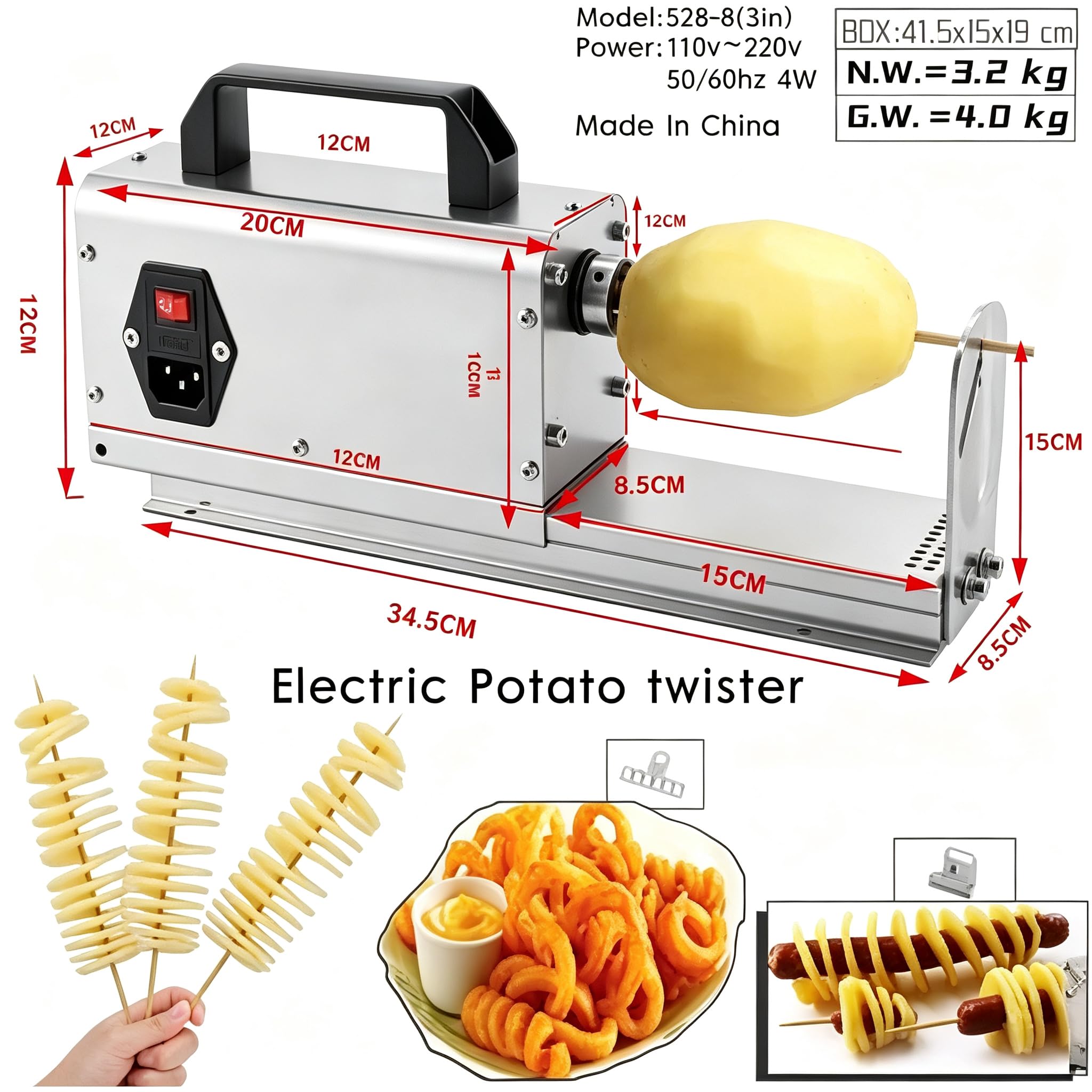 Elektryczna Maszyna do Skręcania Ziemniaków, Komercyjna Spiralna Krajalnica | Wymienne ostrza do Tornado Potato, kręconych frytek i Twist Hot Dog, cała konstrukcja ze stali nierdzewnej, odporna na rdzę