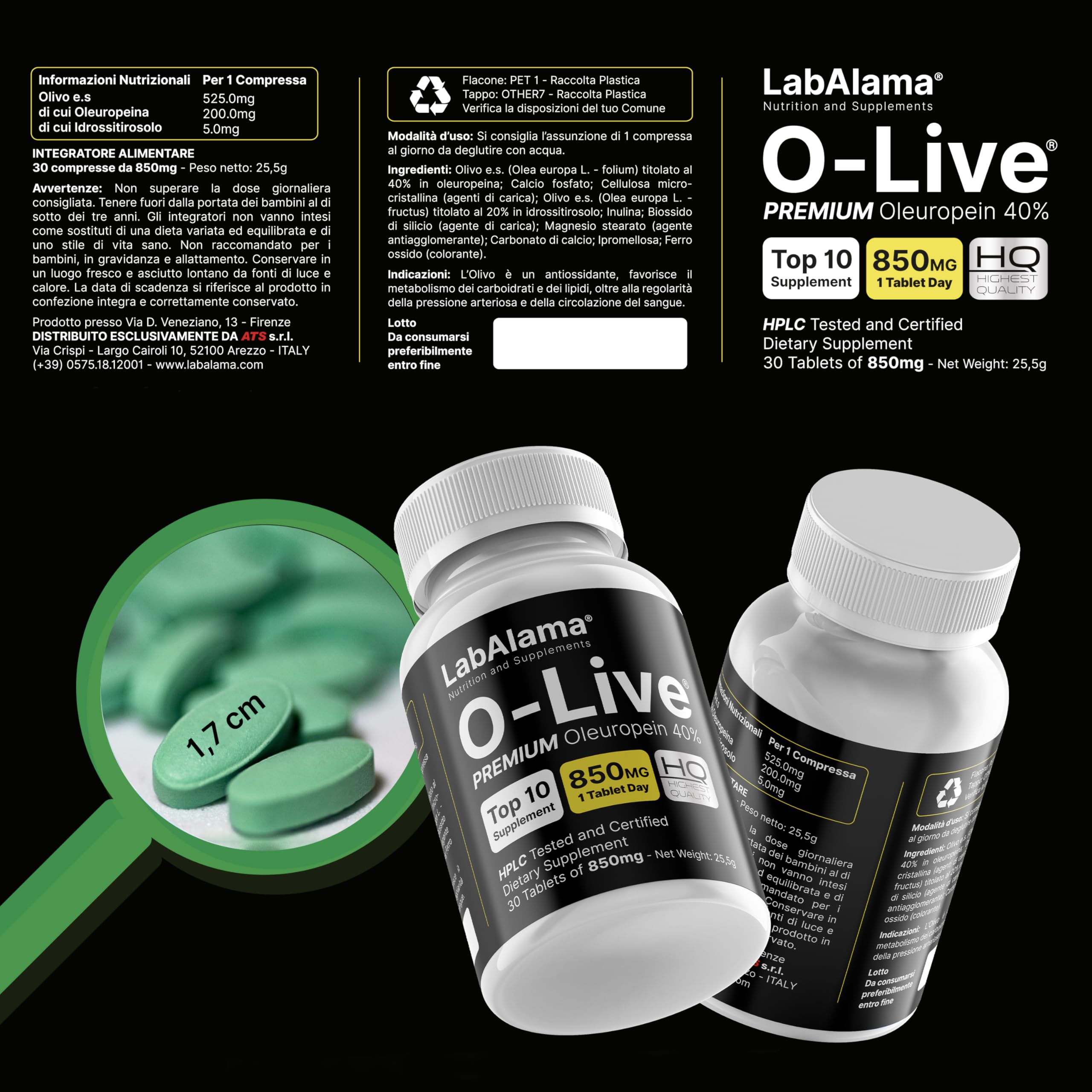 OLIVE Integratore antiossidante a base dei polifenoli Oleuropeina 40% e Idrossitirosolo 20%. Favorisce metabolismo di carboidrati e lipidi. 30 compresse da 850 mg (1 Confezione)